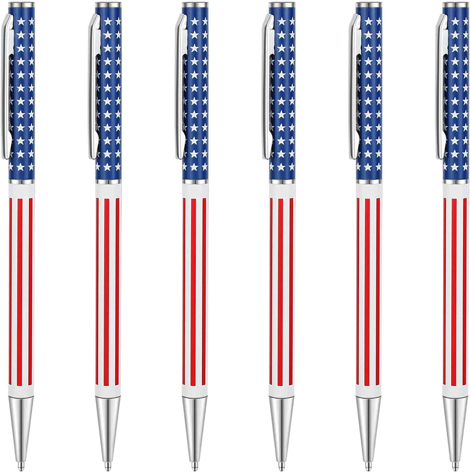 6pcs Slim Metal Retractable Ballpoint Pens,Silver Gold Patriotic American Flag - TTpen