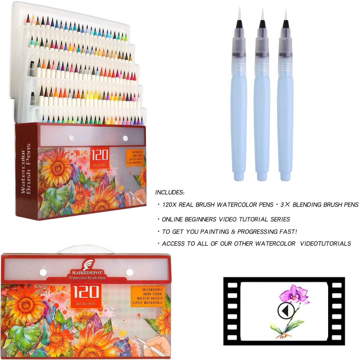 MAIKEDEPOT 120 Colors Watercolor Brush Pens with 3 Blending Brush - TTpen