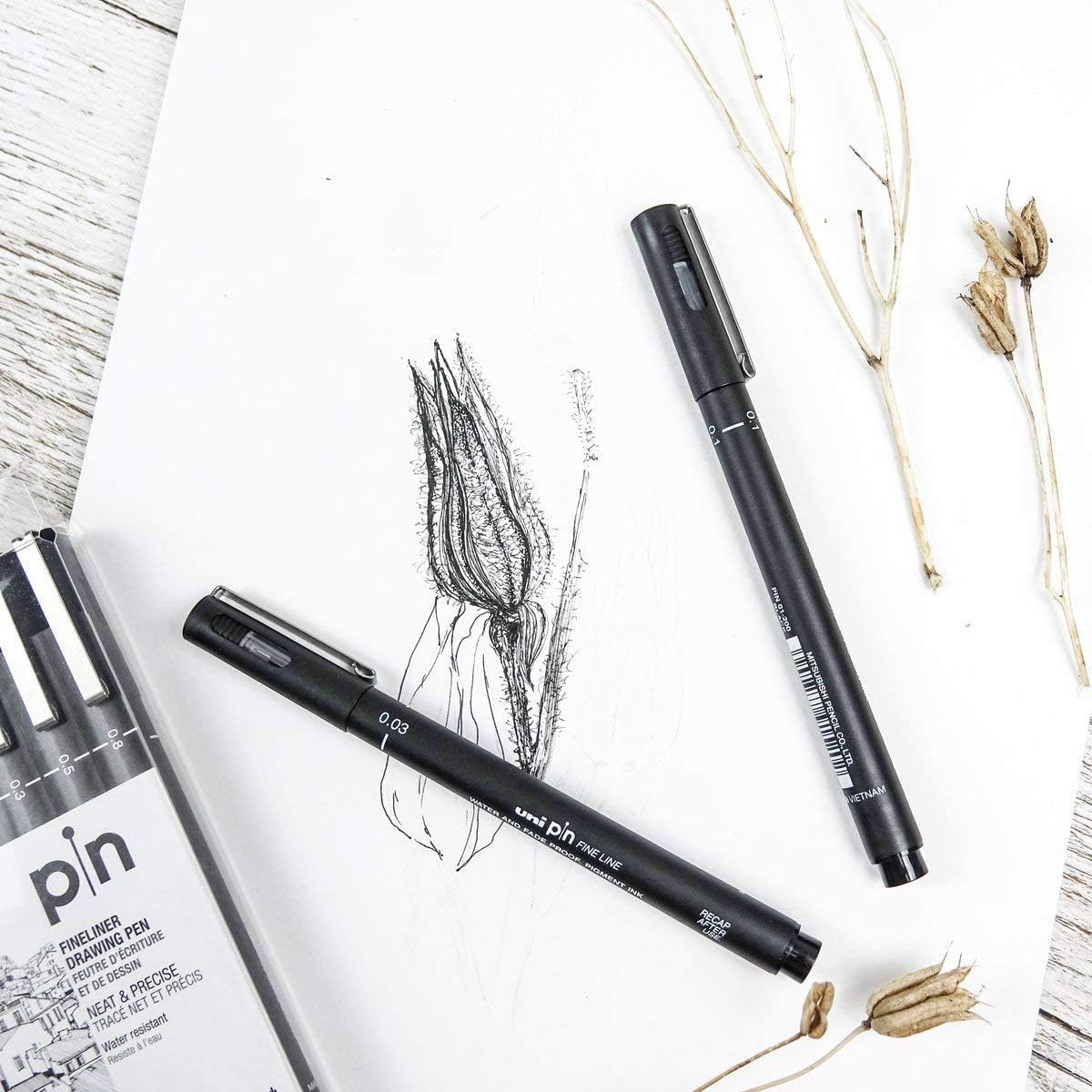 Uni Pin Drawing Technical Fineliner Pens 6 Assorted Tips Black Ink