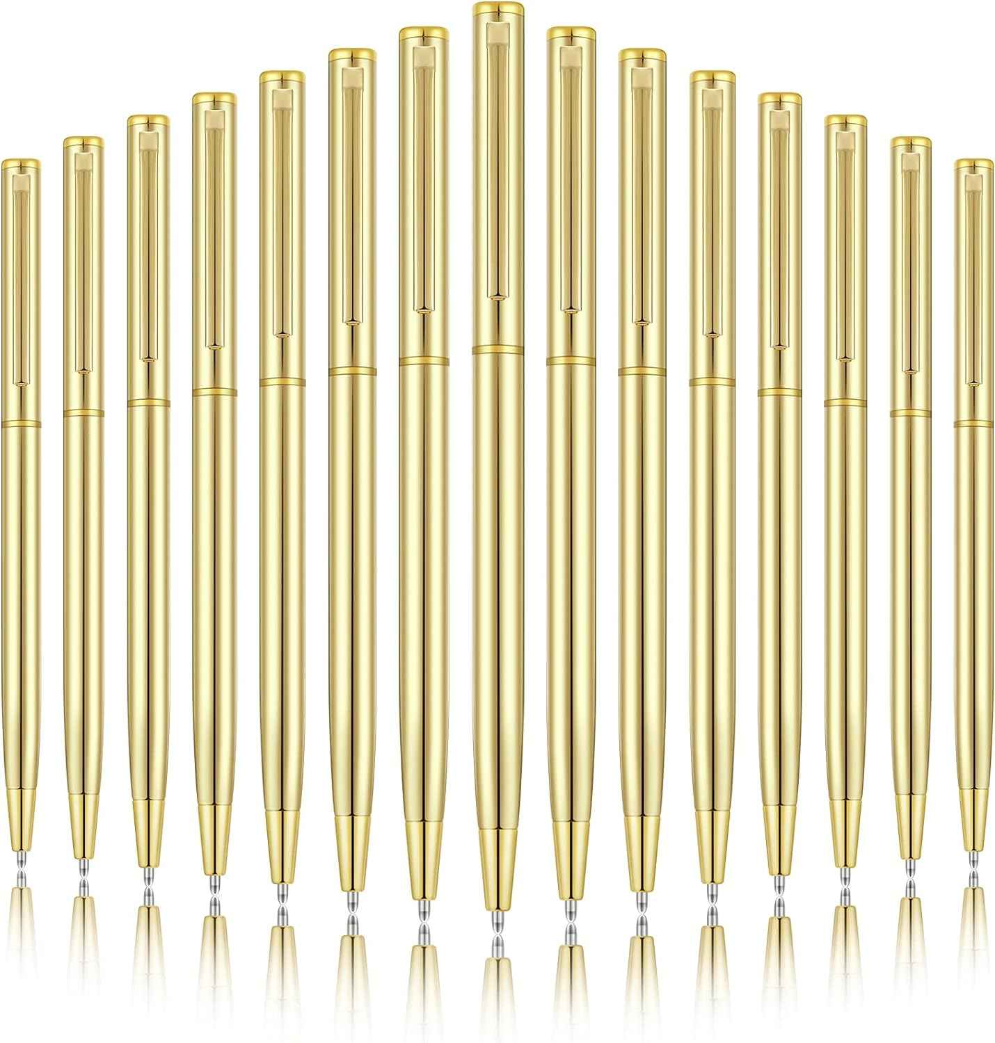 Gold Slim Metal Retractable Ballpoint Pens Black Ink 1mm 15 Pack - TTpen