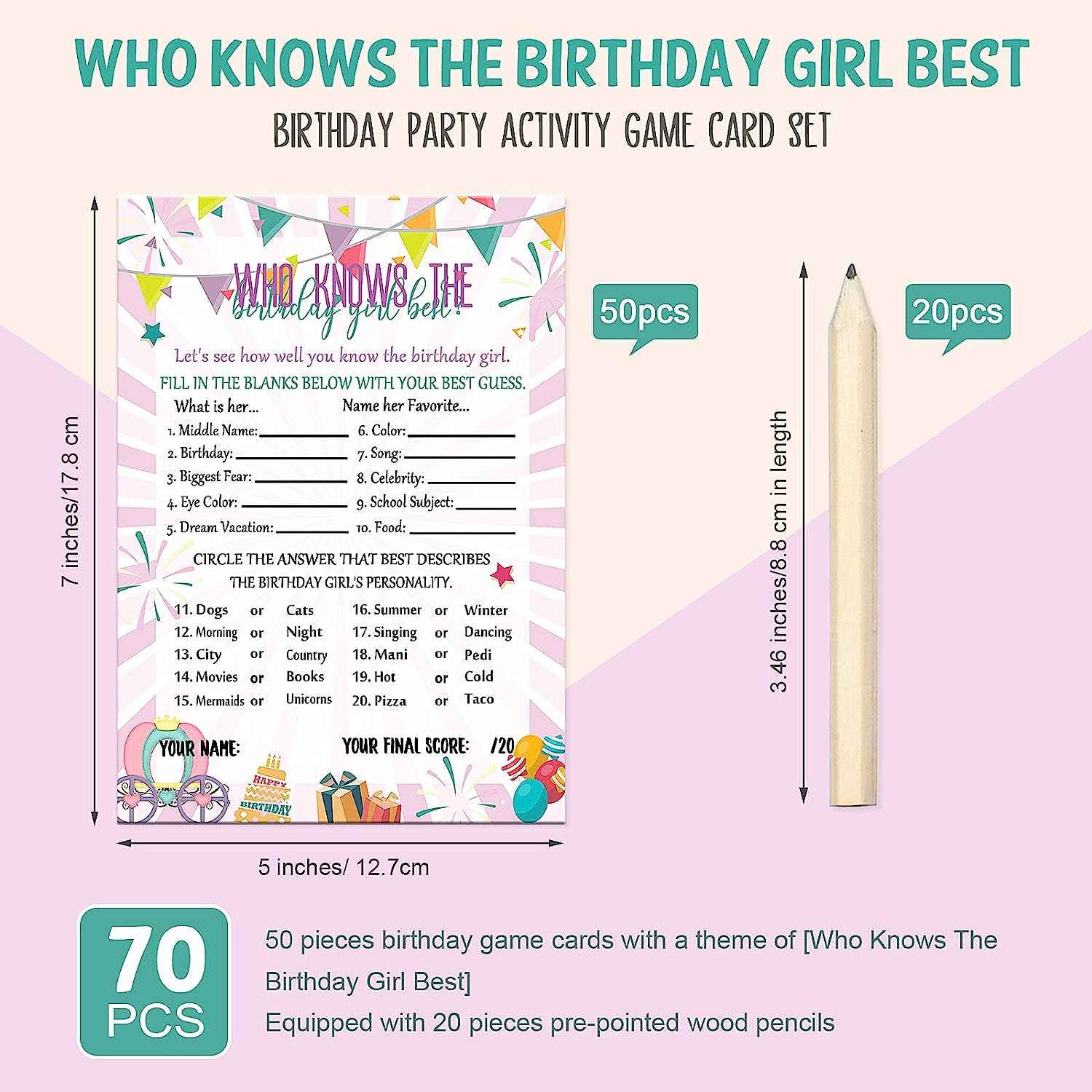 50 Pcs Birthday Party Activity Game Card Set with 20 Pcs Wood Pencils - TTpen