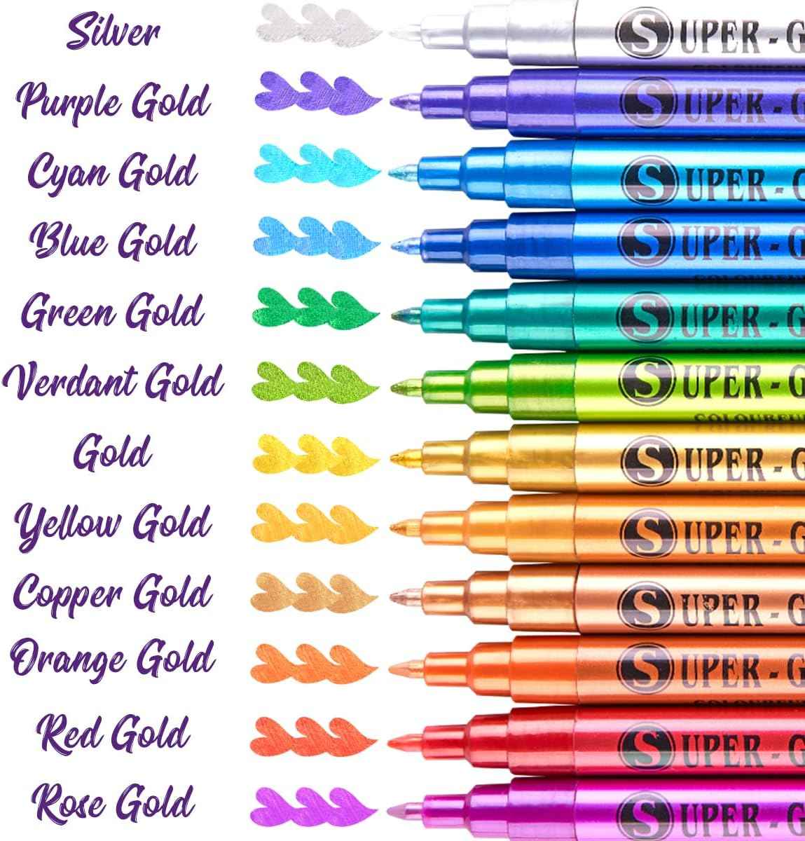 12 Color Super Golden Metallic Paint Marker Pens,Ultra Fine Point 0.7mm - TTpen