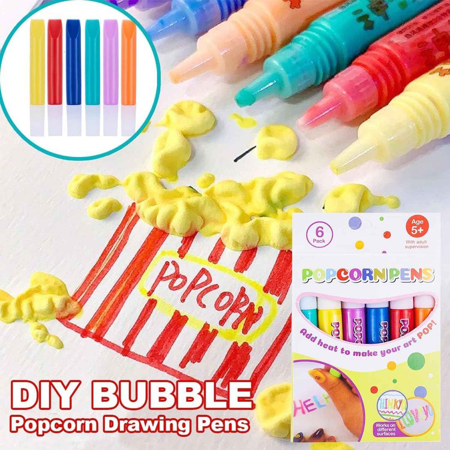 DIY Bubble Popcorn Drawing Pens,6 Color Magic Puffy Pens 2 Pack - TTpen