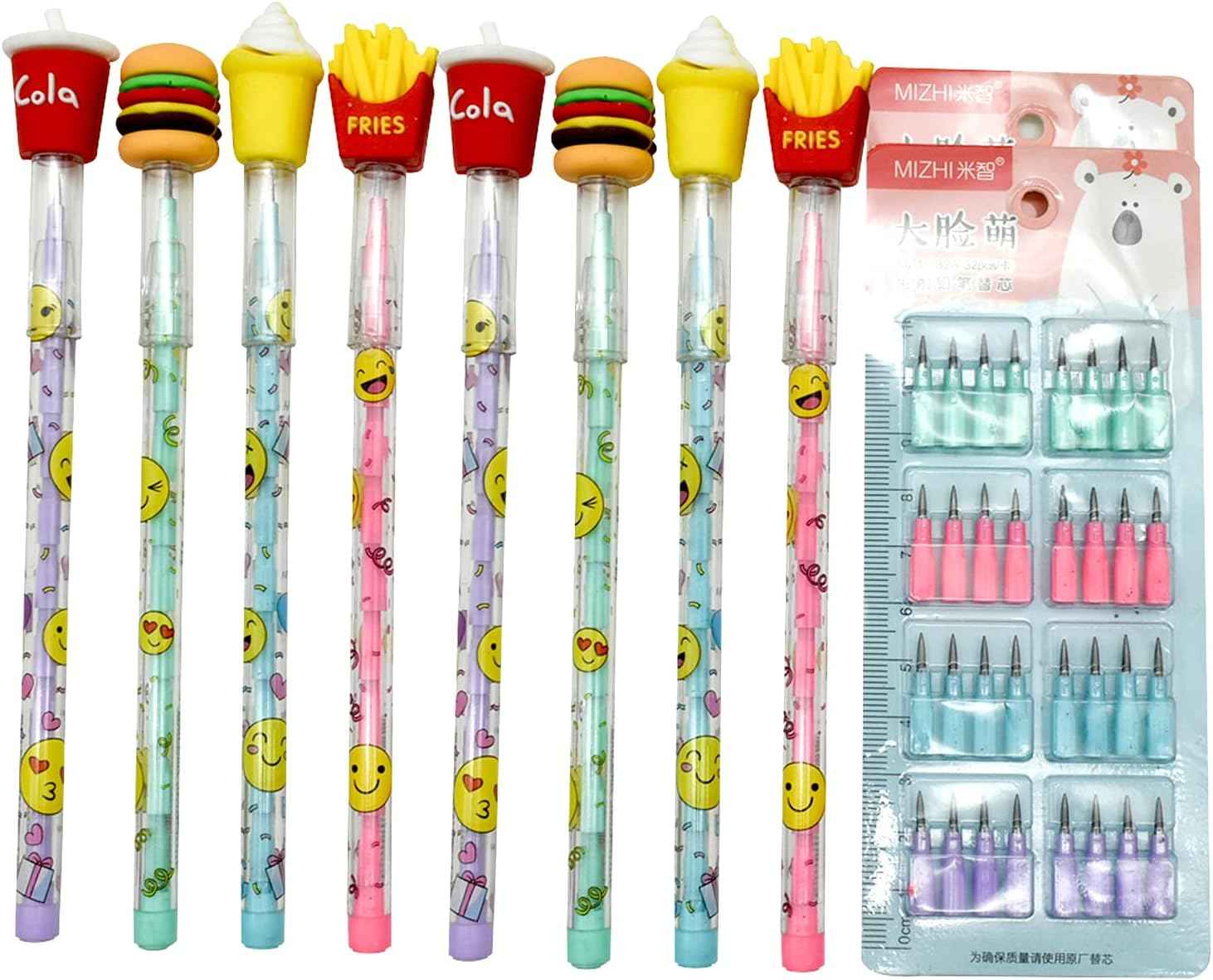 12PCS Food Stackable Pencils Hamburger Ice Cream Cola with 64 Refills - TTpen