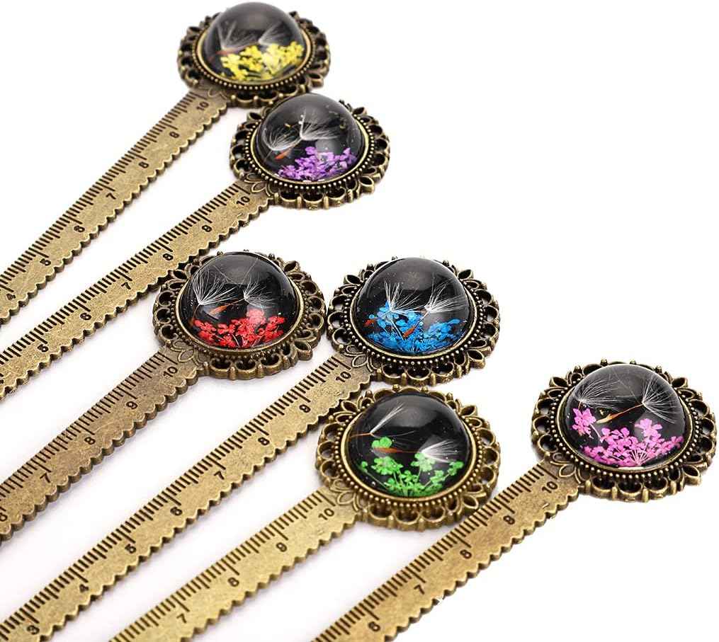 6PCS Retro Metal Bookmark Ruler Bronze Book Mark with Dried Flower - TTpen