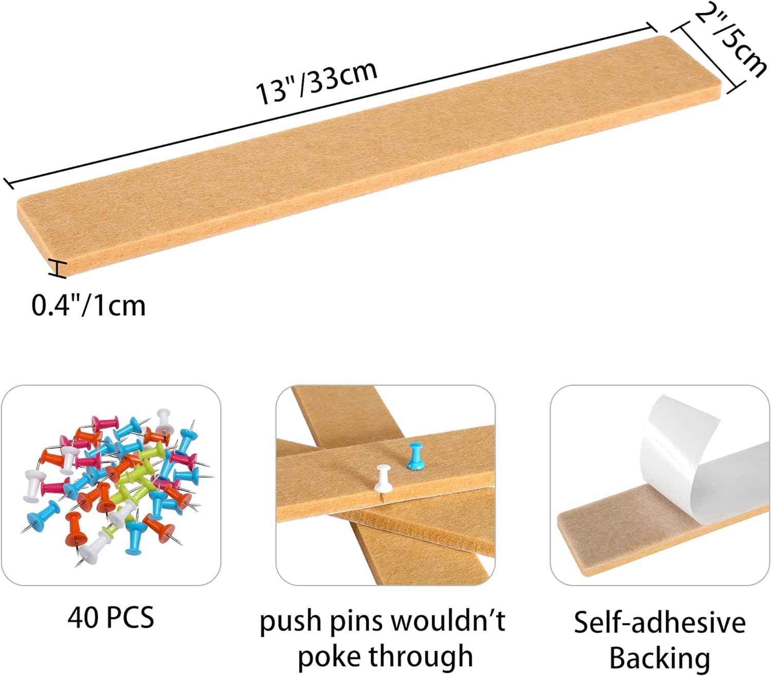 Felt Self-Adhesive Bulletin Board Bar Strips with 40 Push Pins 8 Pack - TTpen