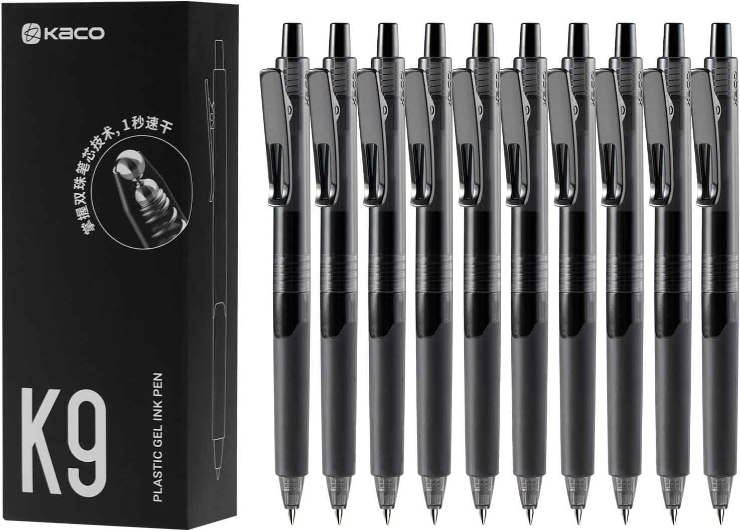 Kaco K9 Retractable Gel Pens Black Ink 0.5mm Fine Point,10 Pack - TTpen