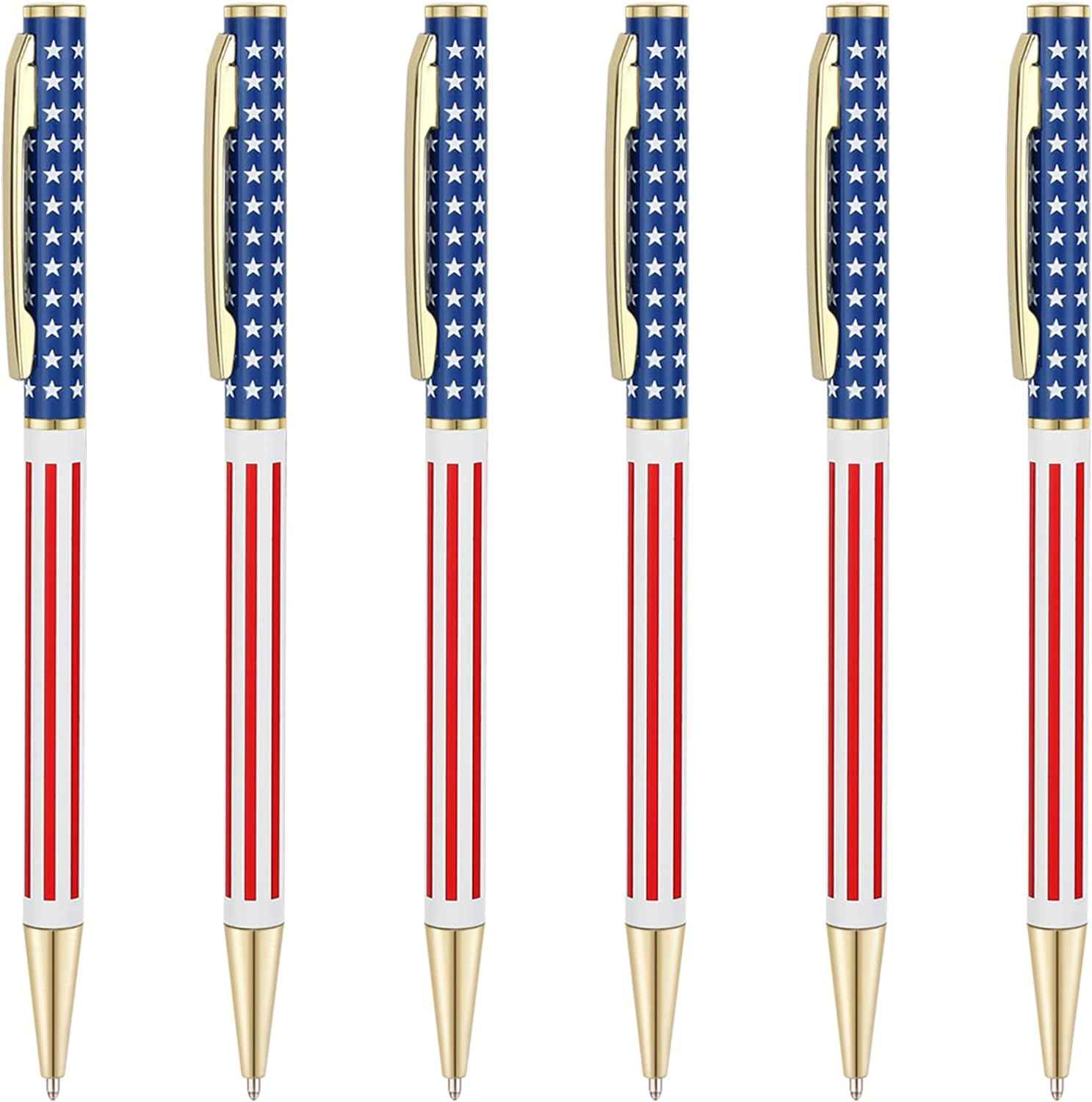6pcs Slim Metal Retractable Ballpoint Pens,Silver Gold Patriotic American Flag - TTpen
