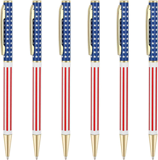 6pcs Slim Metal Retractable Ballpoint Pens,Silver Gold Patriotic American Flag - TTpen