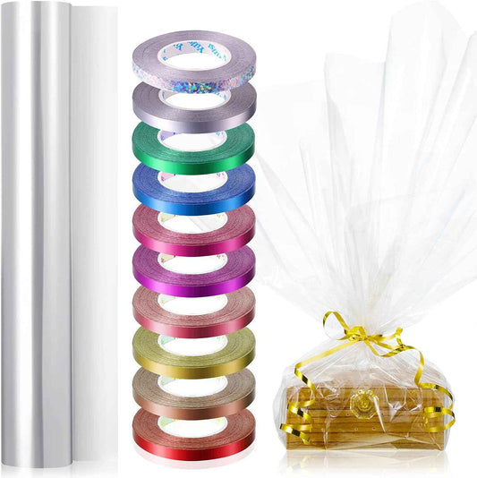 31.5 Inch x 100 Ft Gift Cellophane Wrap Roll with Colorful Curling Ribbon - TTpen