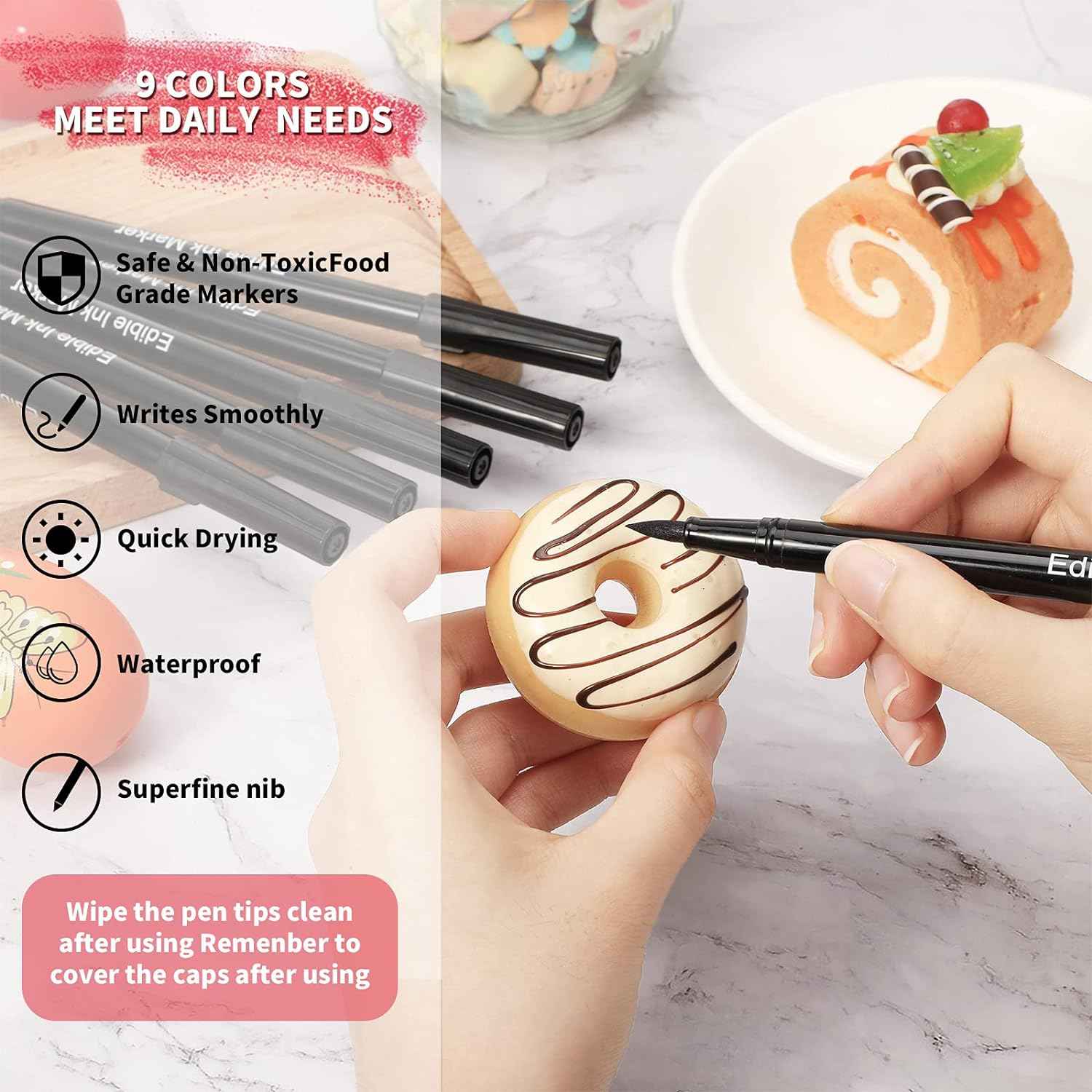 Black Edible Ink Markers for Cookie Decorating Cake Paint Fine Brush Tip 6 Pack - TTpen