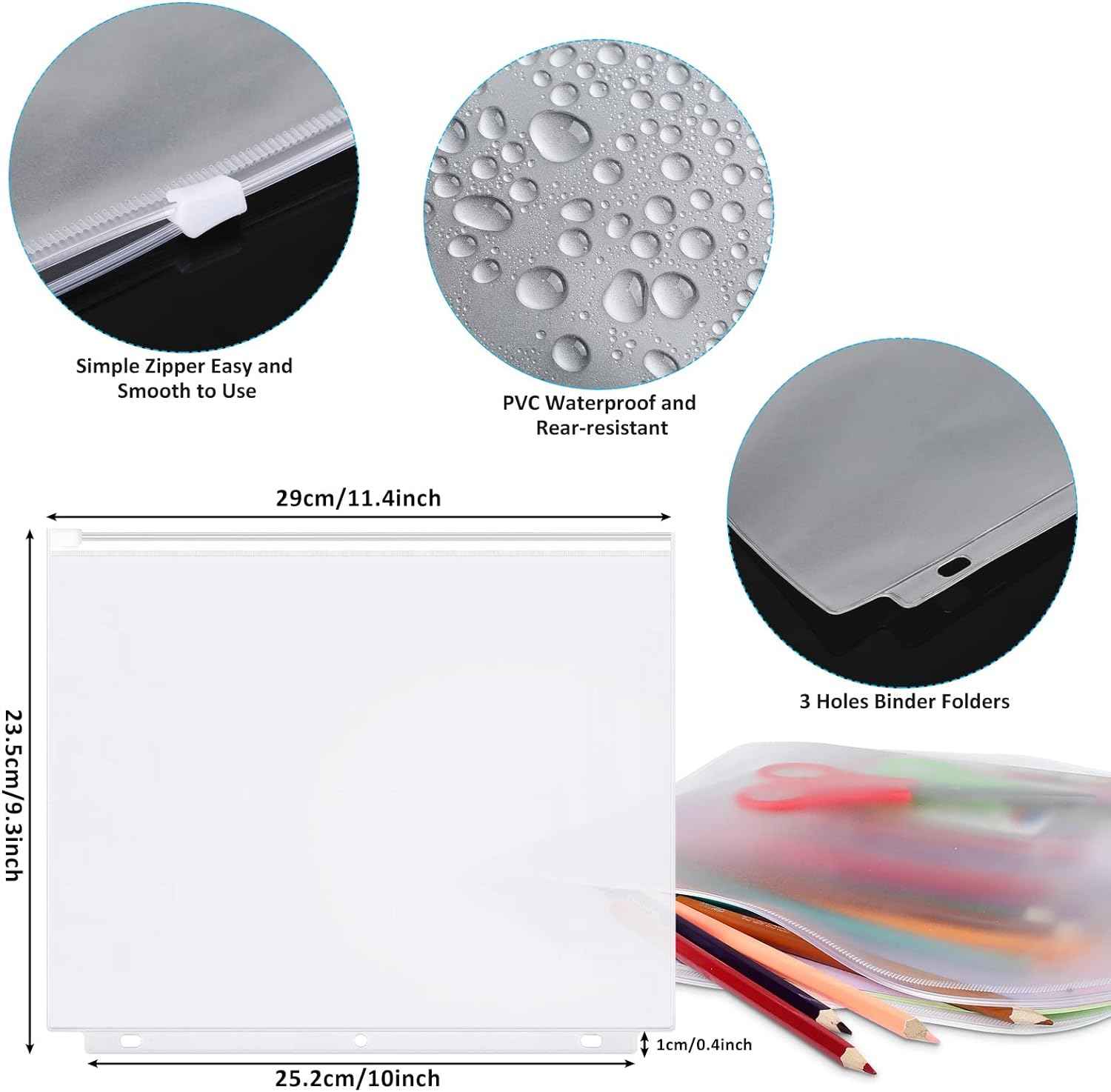 30 Pack A4 Binder Pockets 3 Holes Binder Pouches with Zipper (Transparent) - TTpen