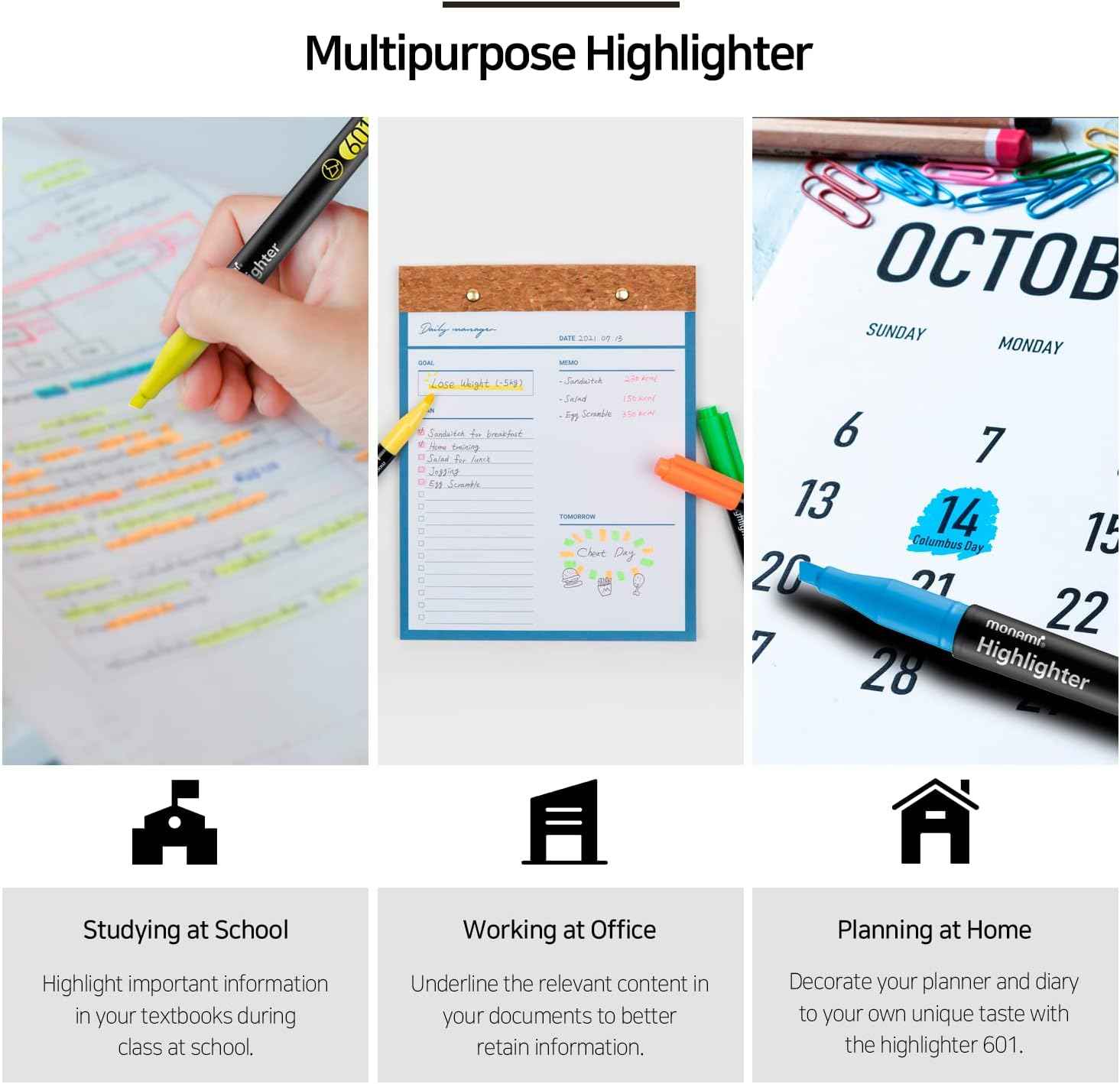 MONAMI Highlighter 601 Pastel,Chisel Tip,Assorted Colors,6-Pack - TTpen