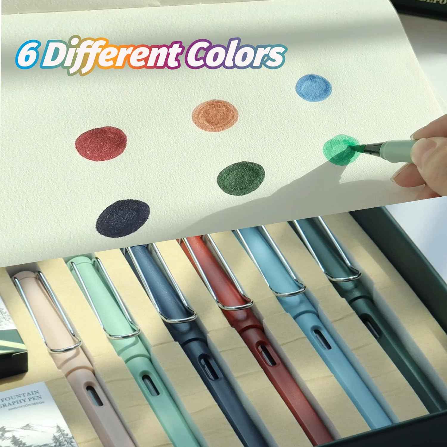 Maikedepot 6PCS Fountain Calligraphy Brush Pens with 48 Ink Cartridges - TTpen