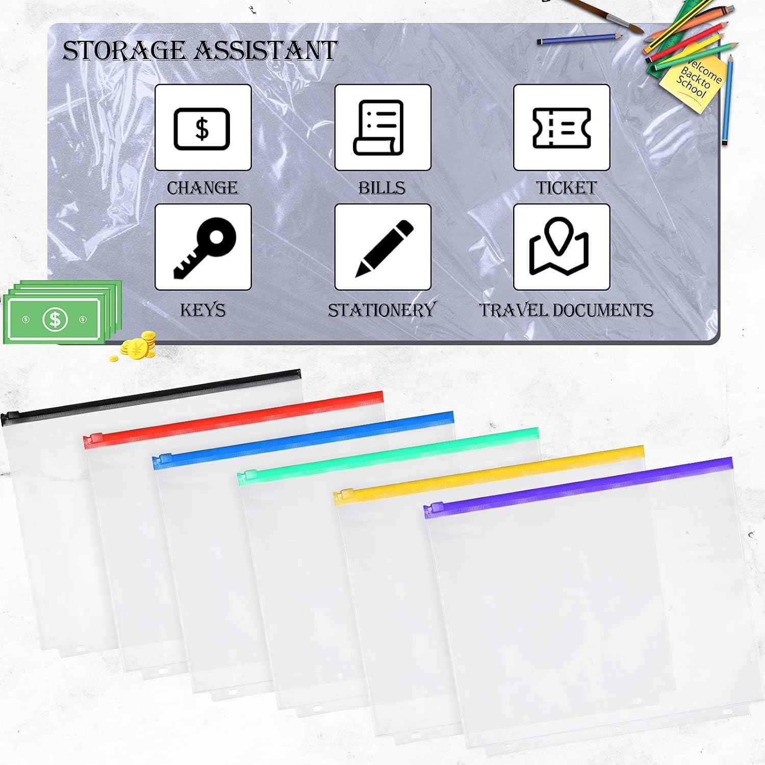 30 Pack A4 Binder Pockets 3 Holes Binder Pouches with Zipper (5 Color) - TTpen