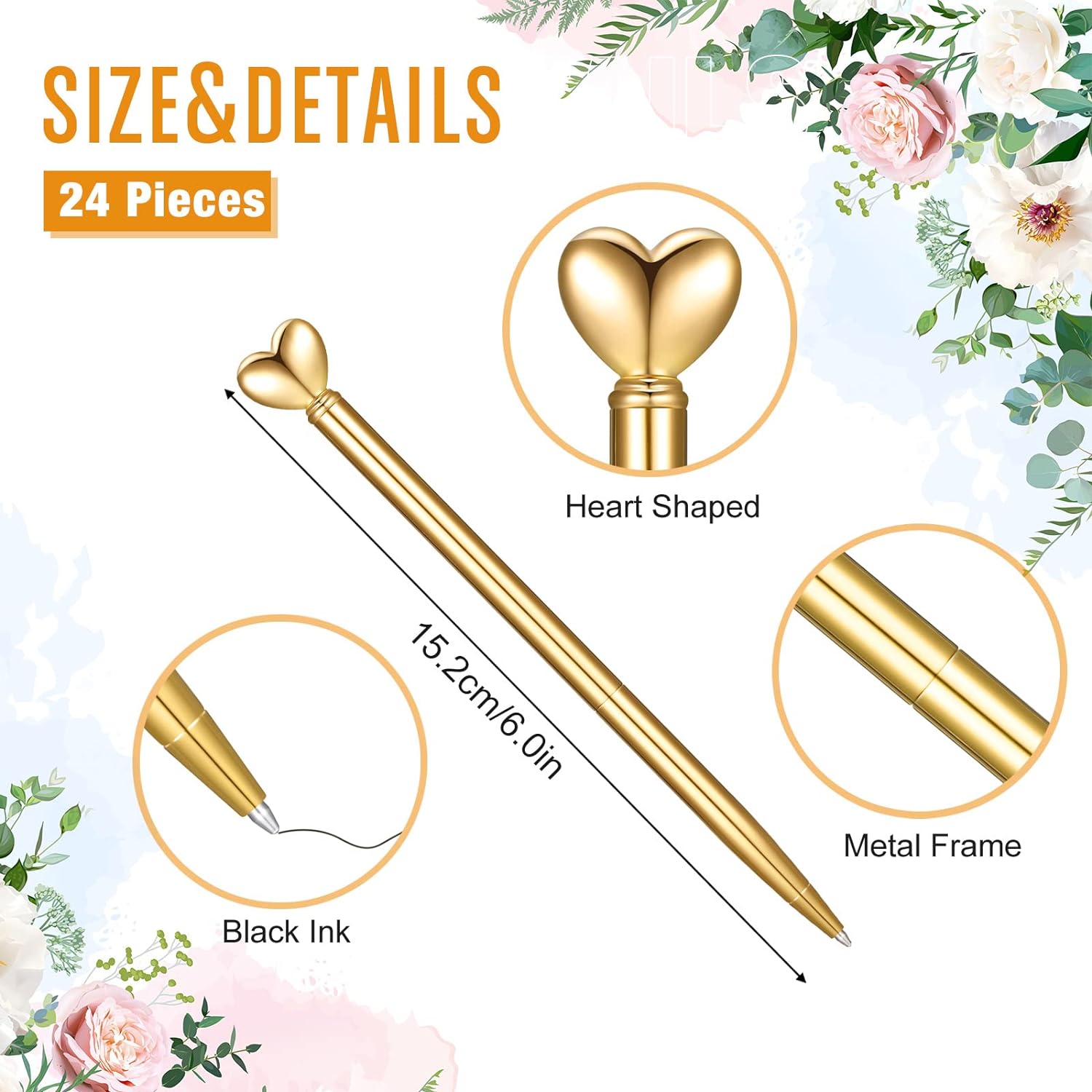 24Pcs Heart Shaped Retractable Metal Ballpoint Pens