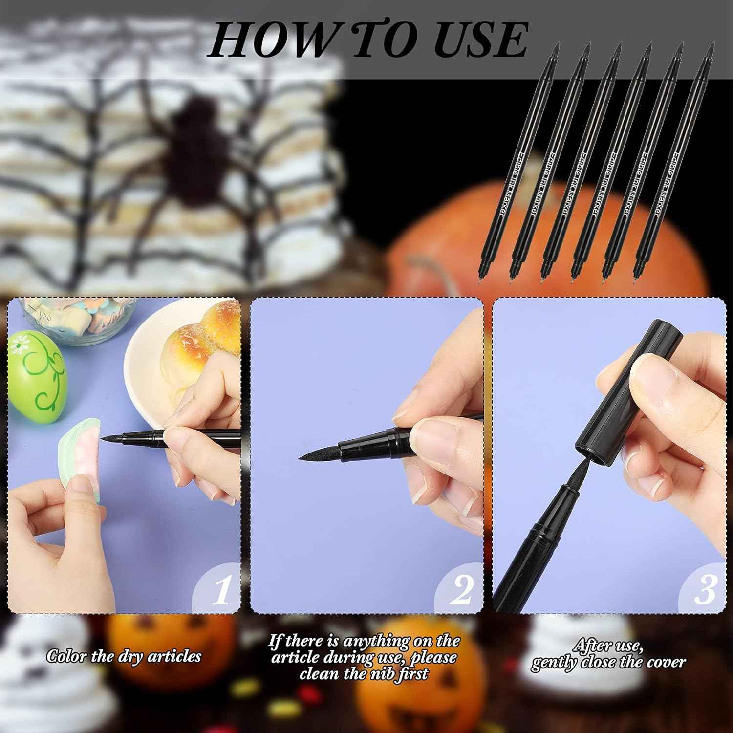 Black Edible Ink Markers for Cookie Decorating Cake Paint Fine Brush Tip 6 Pack - TTpen