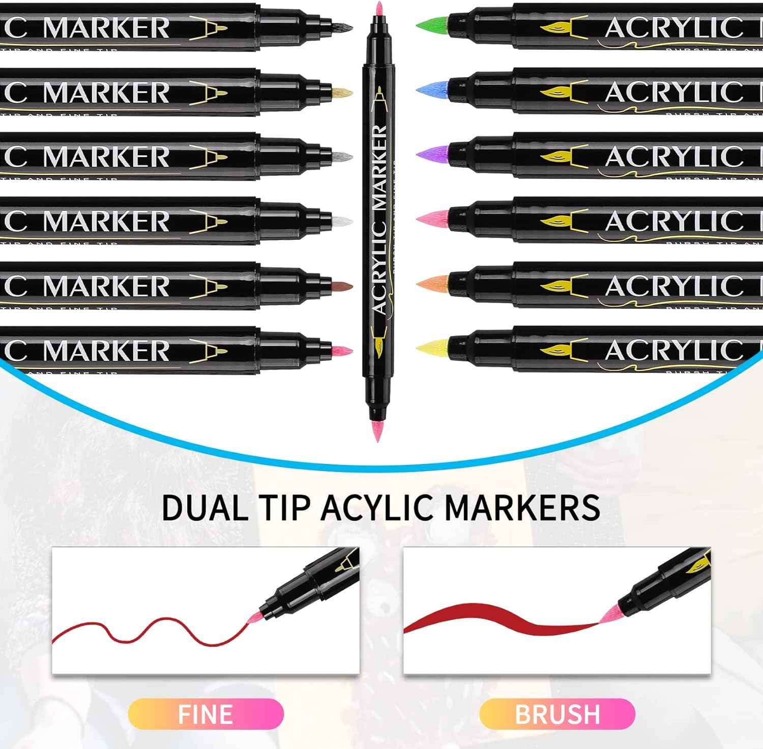 Guangna 12 Colors Dual Brush Tip Acrylic Paint Markers - TTpen