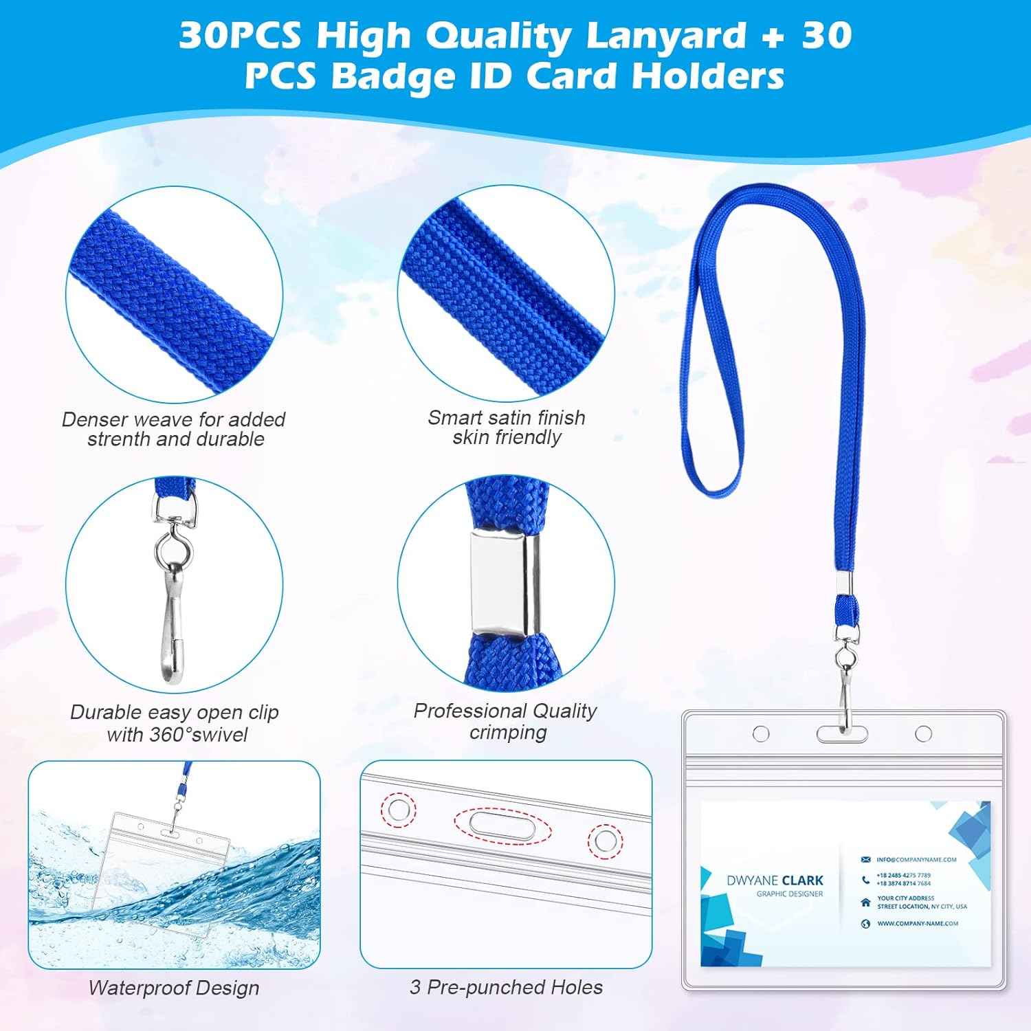 50Pcs Plastic Horizontal Badge Holders and 50Pcs Blue Neck Lanyards - TTpen