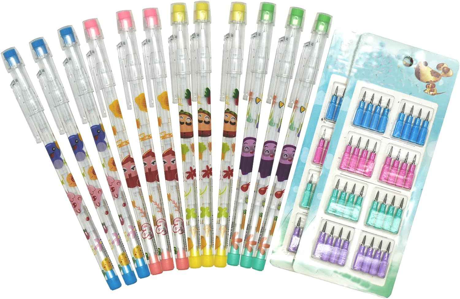 12PCS Cute Animals Non Sharpening Stackable Pencils with 64 Refills - TTpen