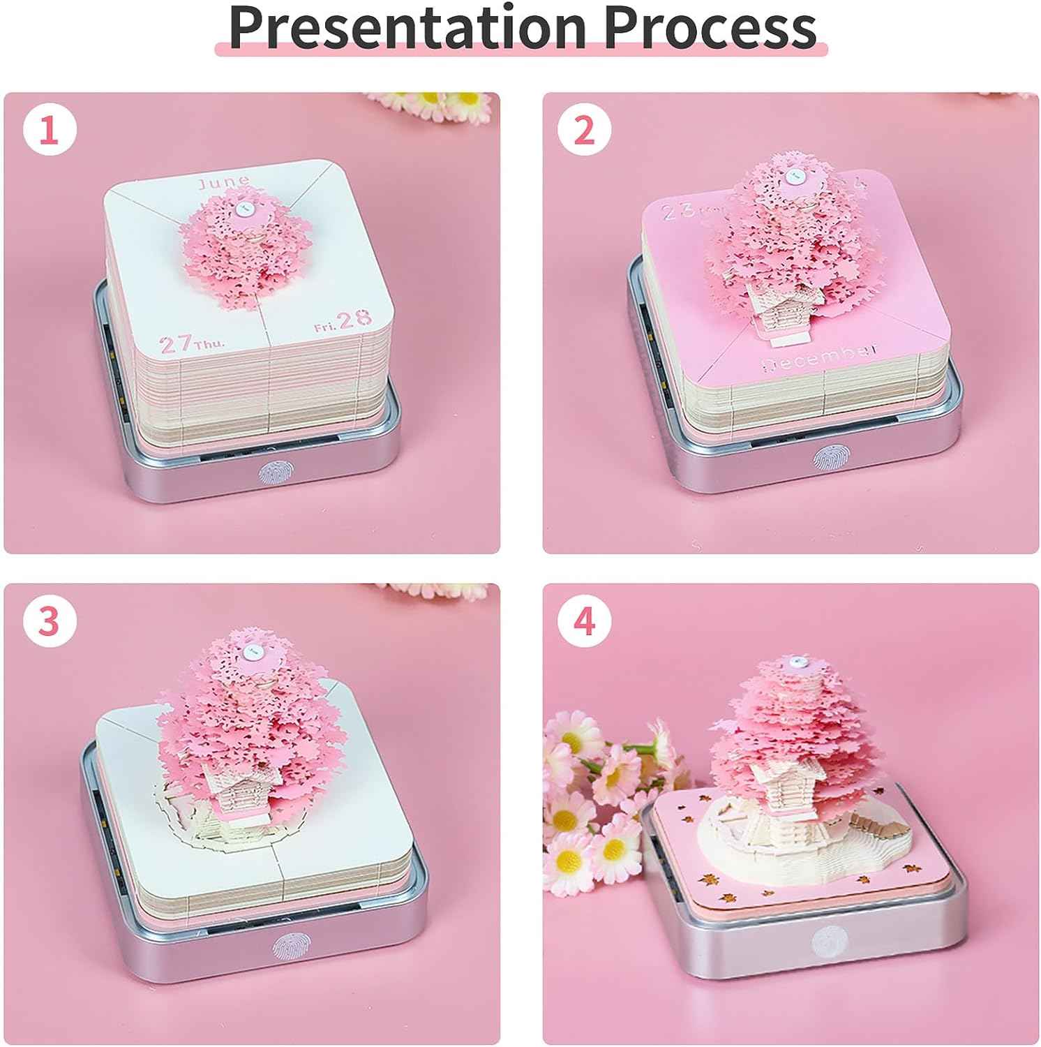 2024 Desk Calendar With LED Lights Sakura Tree House Pink Green - TTpen