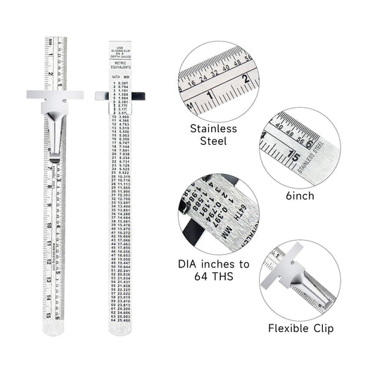 6 Inch Pocket Ruler Stainless Steel with Detachable Clips 2 Pack