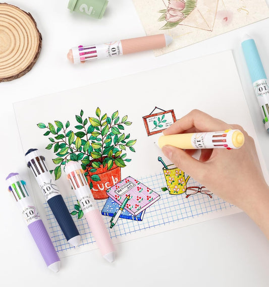 6 Pack 10-in-1 Multi-Color Ballpoint Pens - 57 Total Colors (0.8mm Fine Tip)