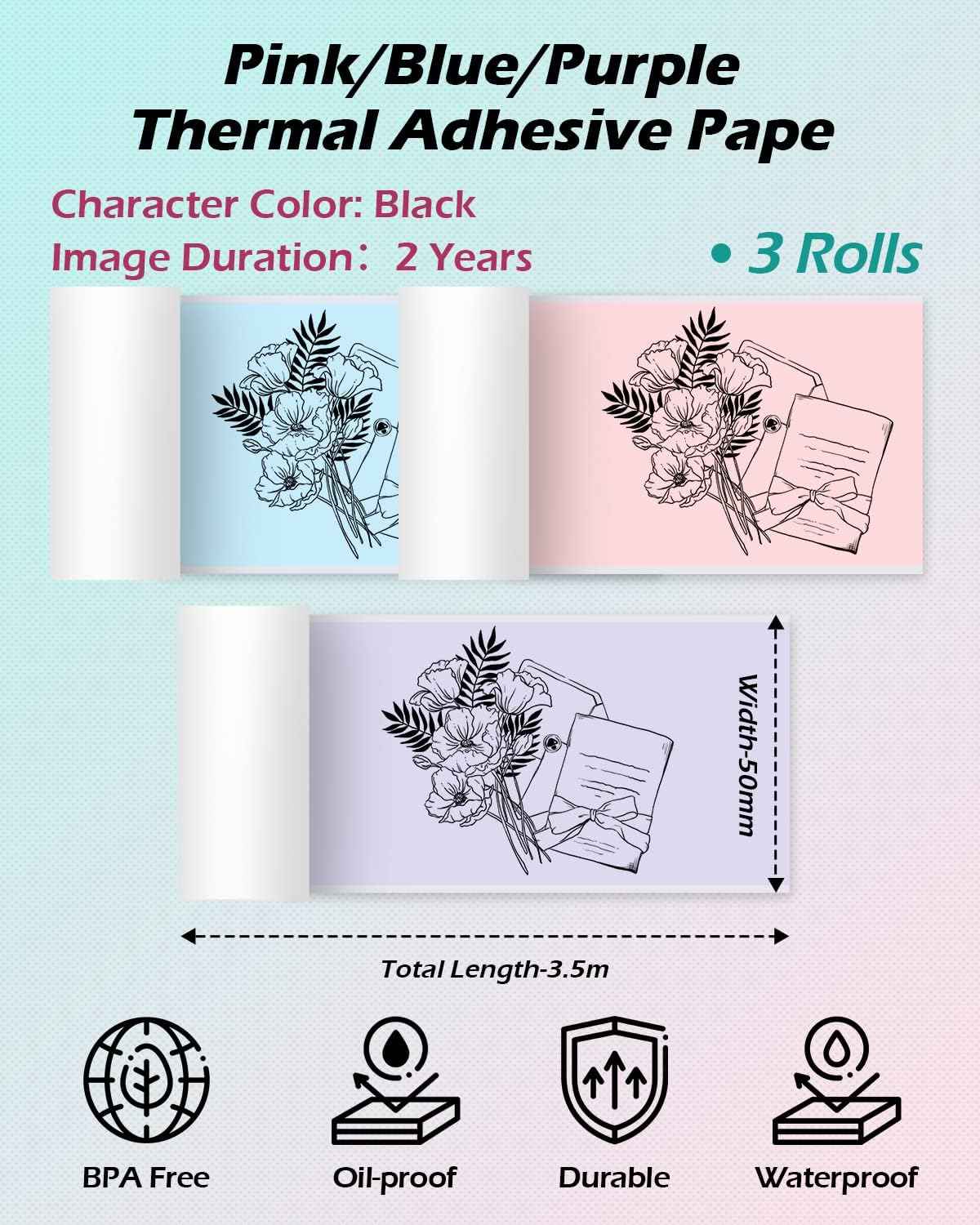 Phomemo Light Pink/Blue/Purple Thermal Sticker Paper 50mm for T02 M02 M04S Printer - TTpen