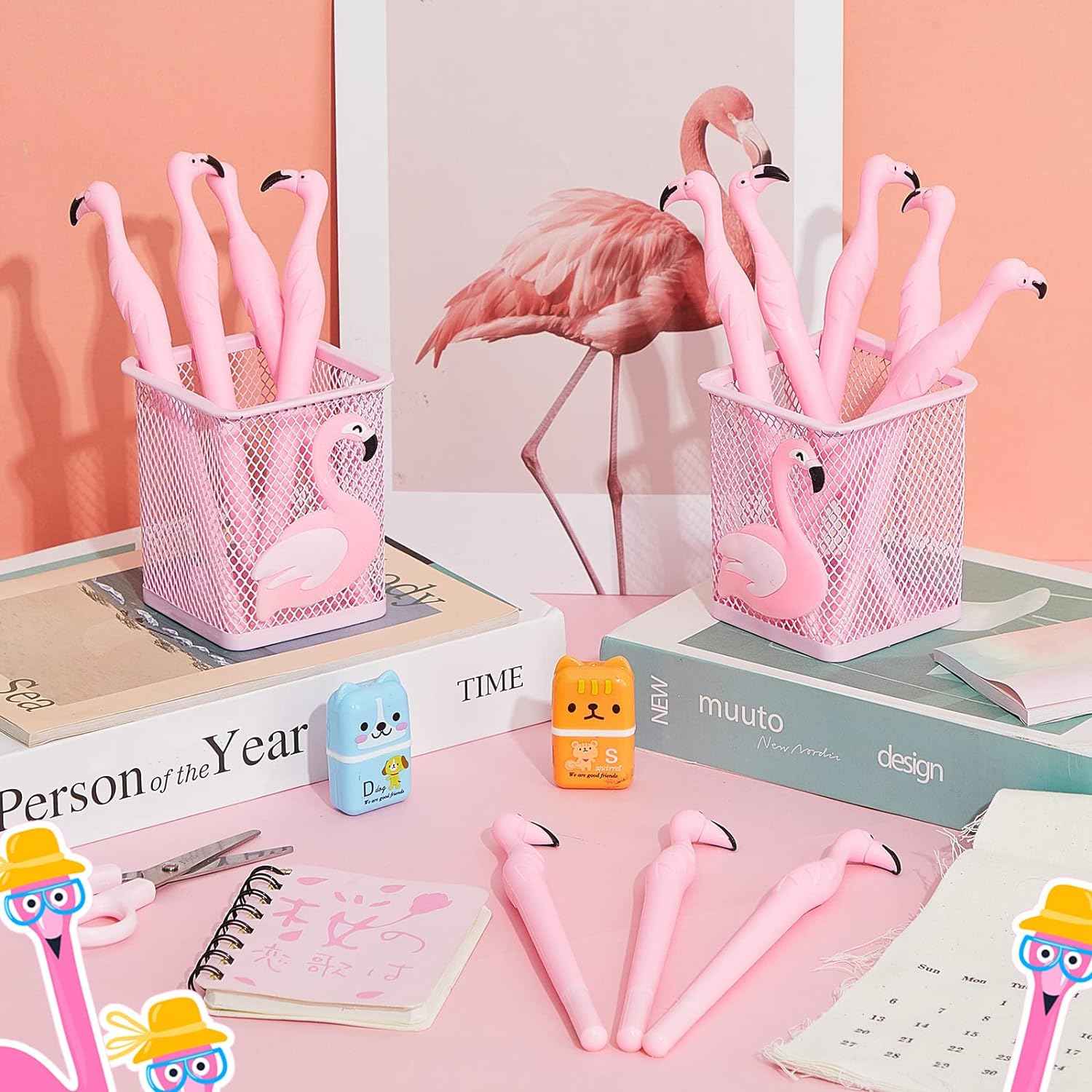 14Pcs Metal Flamingo Gel Pens and Pencil Holder Set Pink - TTpen