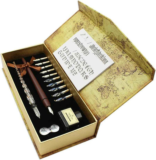 15-Piece Calligraphy Pen Set -Glass Wooden Pen - 11 Nibs & 1 Ink - TTpen