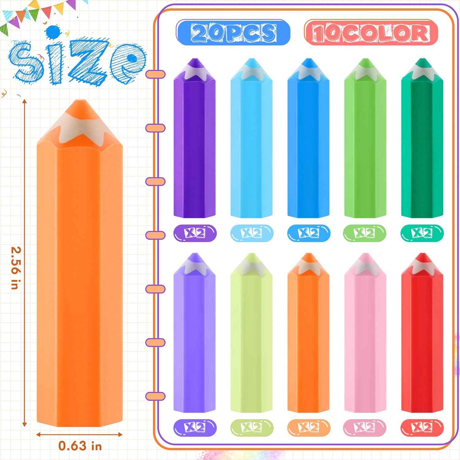 20Pcs Kids Pencil Shaped Erasers 10 Neon Colors - TTpen