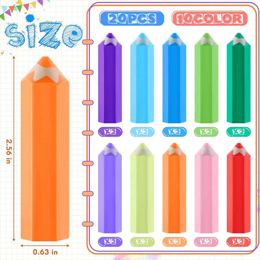 20Pcs Kids Pencil Shaped Erasers 10 Neon Colors - TTpen
