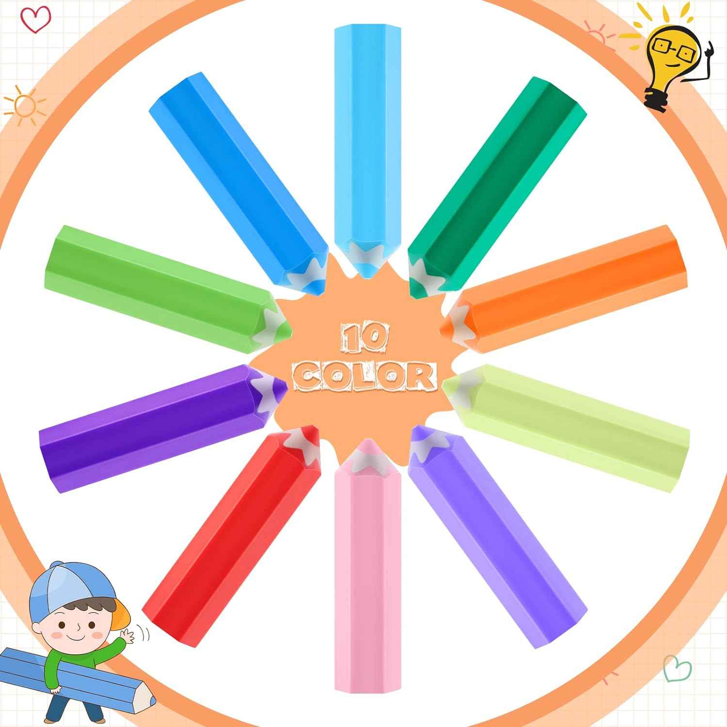 20Pcs Kids Pencil Shaped Erasers 10 Neon Colors - TTpen