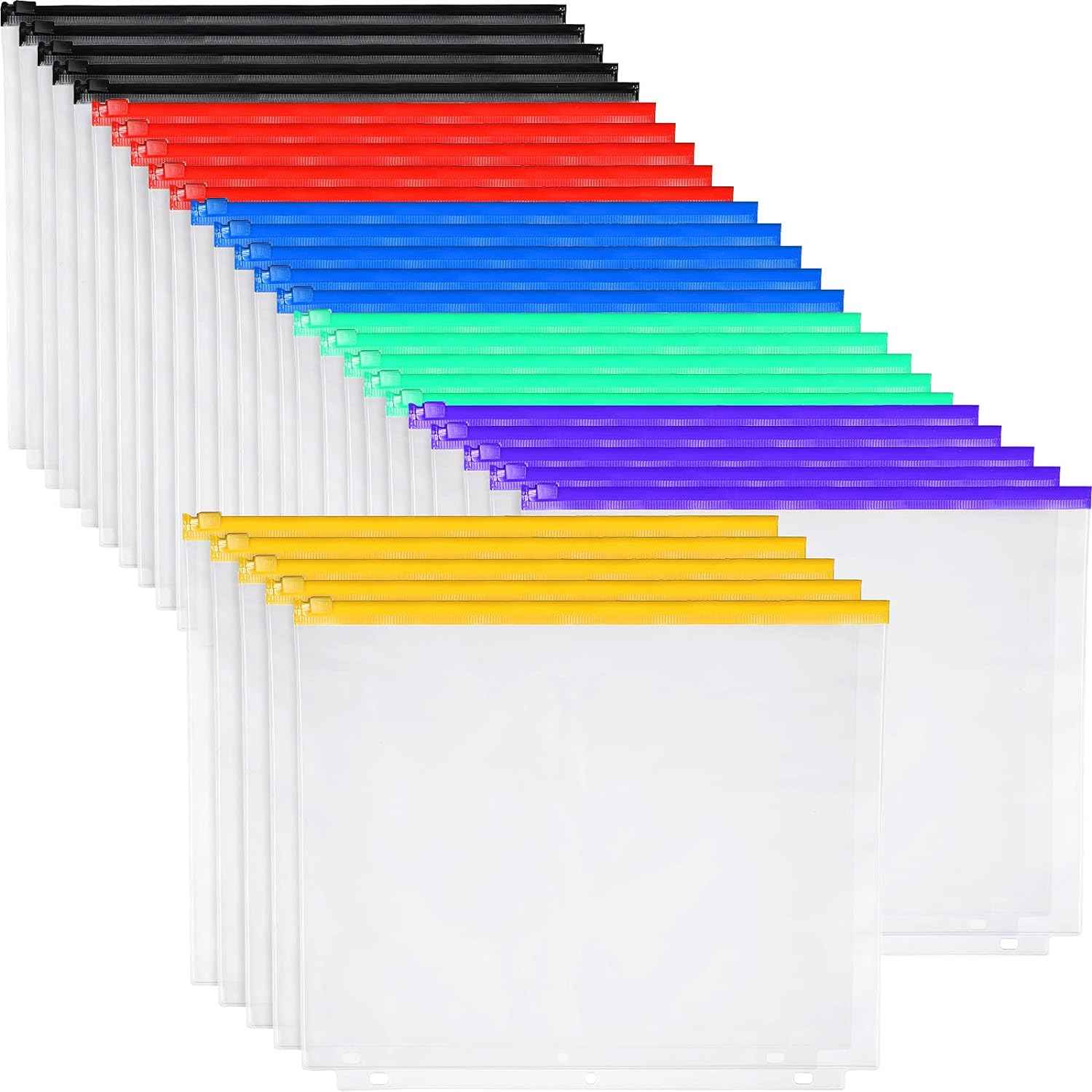 30 Pack A4 Binder Pockets 3 Holes Binder Pouches with Zipper (5 Color) - TTpen