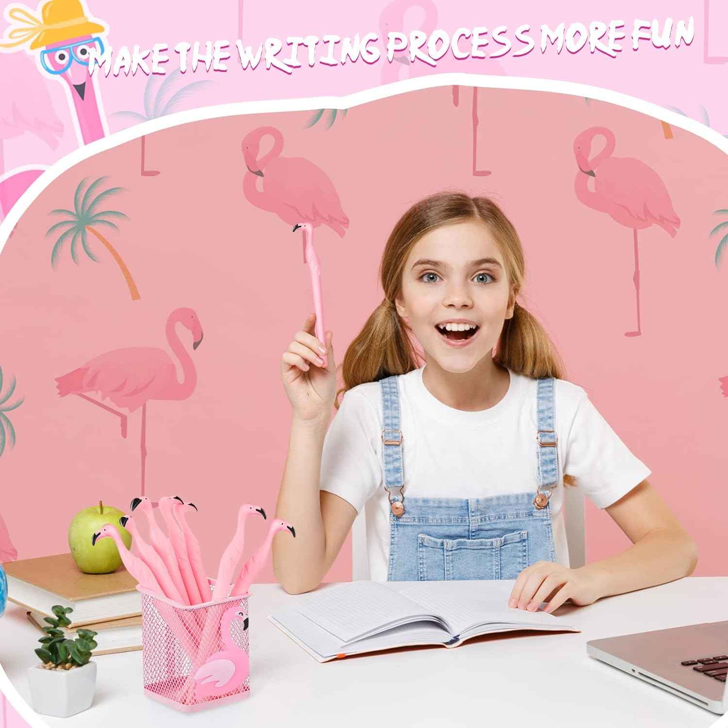 14Pcs Metal Flamingo Gel Pens and Pencil Holder Set Pink - TTpen