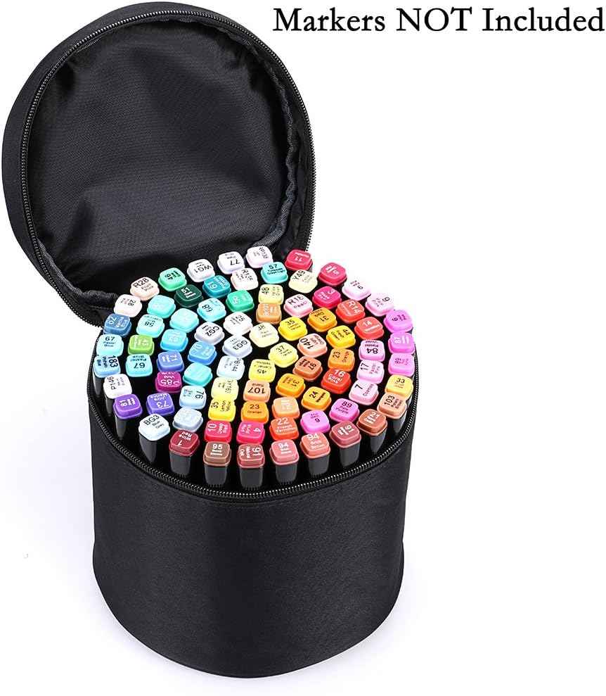 Round Marker Pen Case Stationary Storage Bag for 80 Markers,Black - TTpen