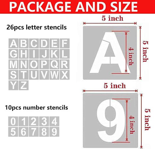 5 Inch 36PCS Reusable Plastic Letter Stencils and Numbers - TTpen