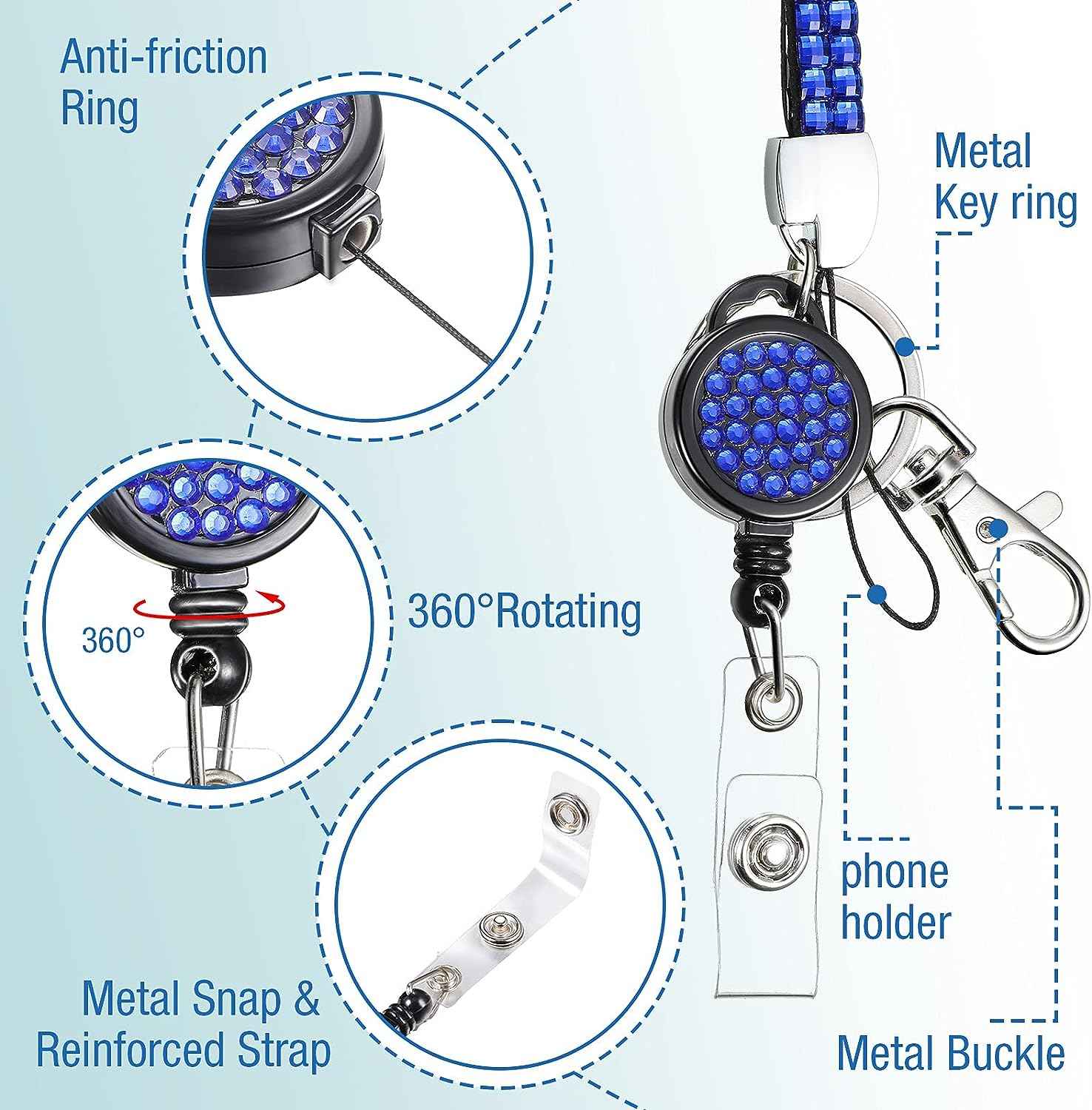 Rhinestone Glitter Retractable Necklace Badge Reel Lanyard 10 Colors - TTpen