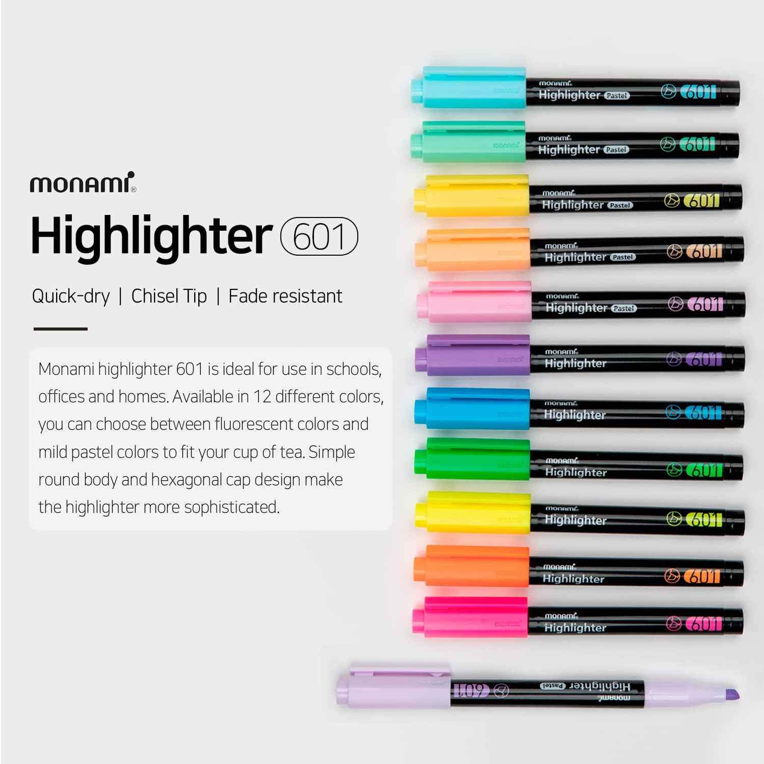 MONAMI Highlighter 601 Pastel,Chisel Tip,Assorted Colors,6-Pack - TTpen