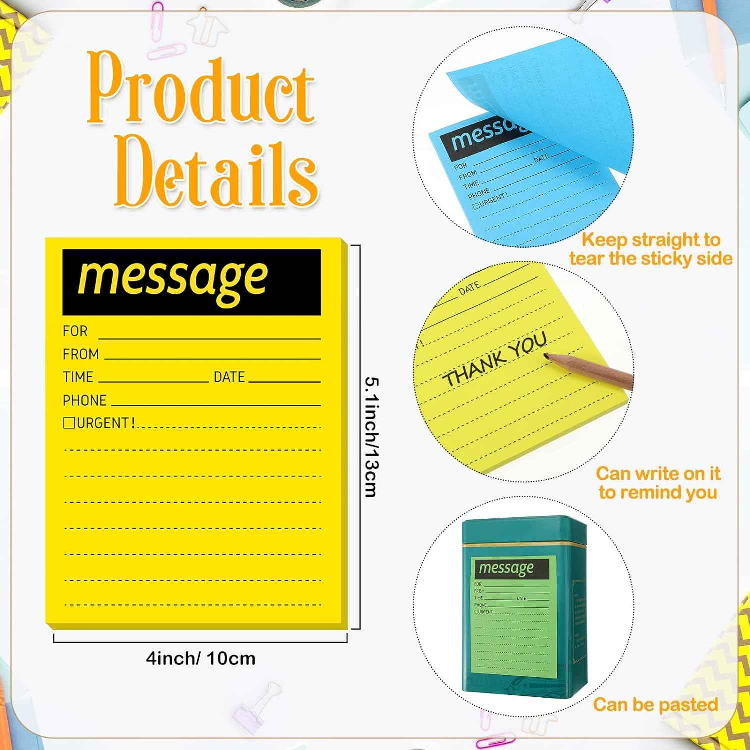 9pcs Telephone Message Sticky Notes Pads 4 x 5 Inch (Fluorescent Colors) - TTpen