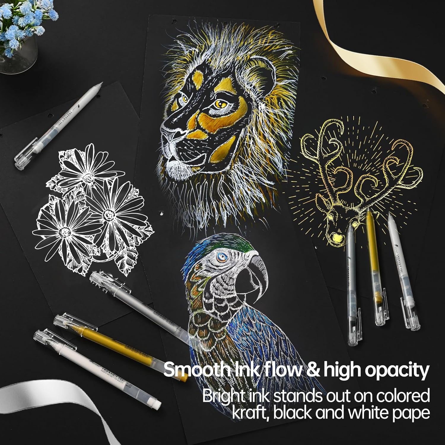 Gold Silver White Gel Pens,1mm Fine Point 6 Pack