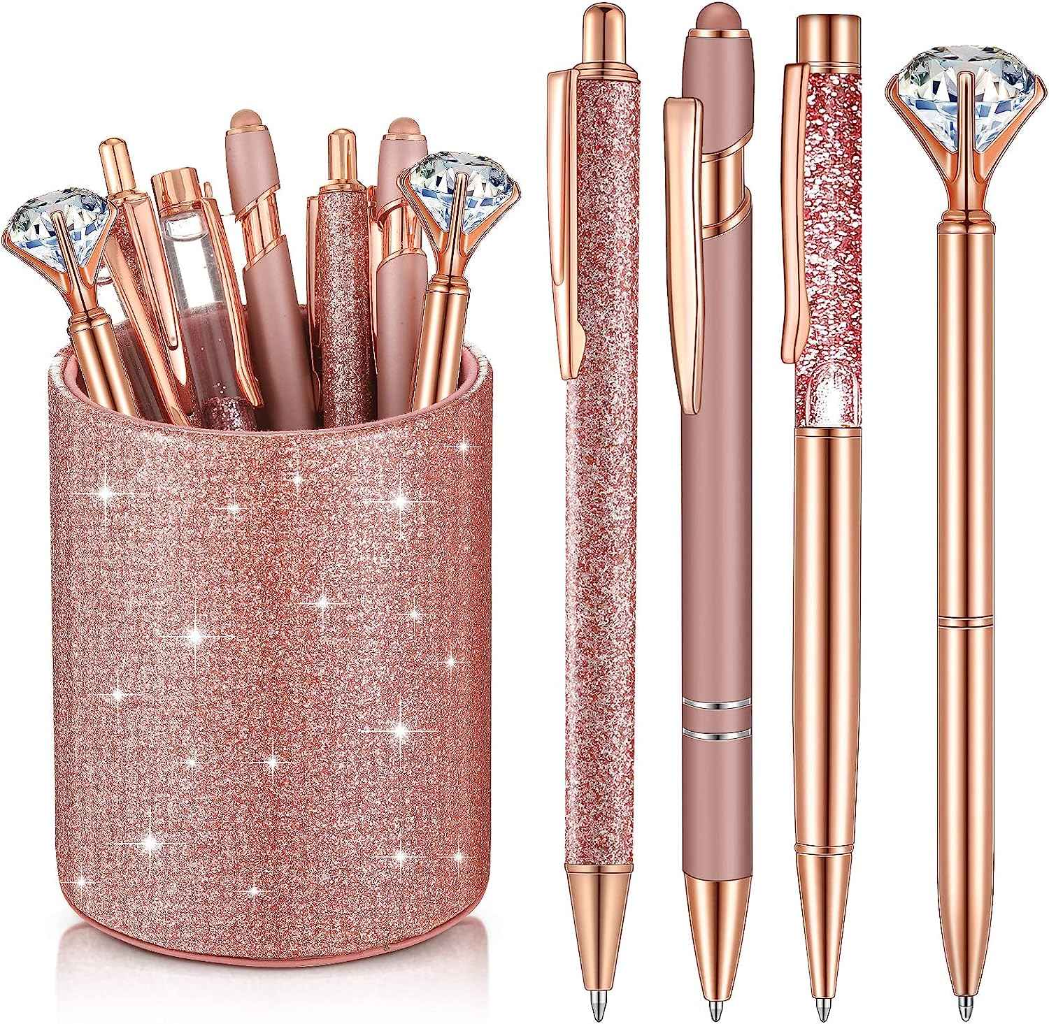 8Pcs Crystal Glitter Ballpoint Pens with Pen Holder for Desk Organizer - TTpen