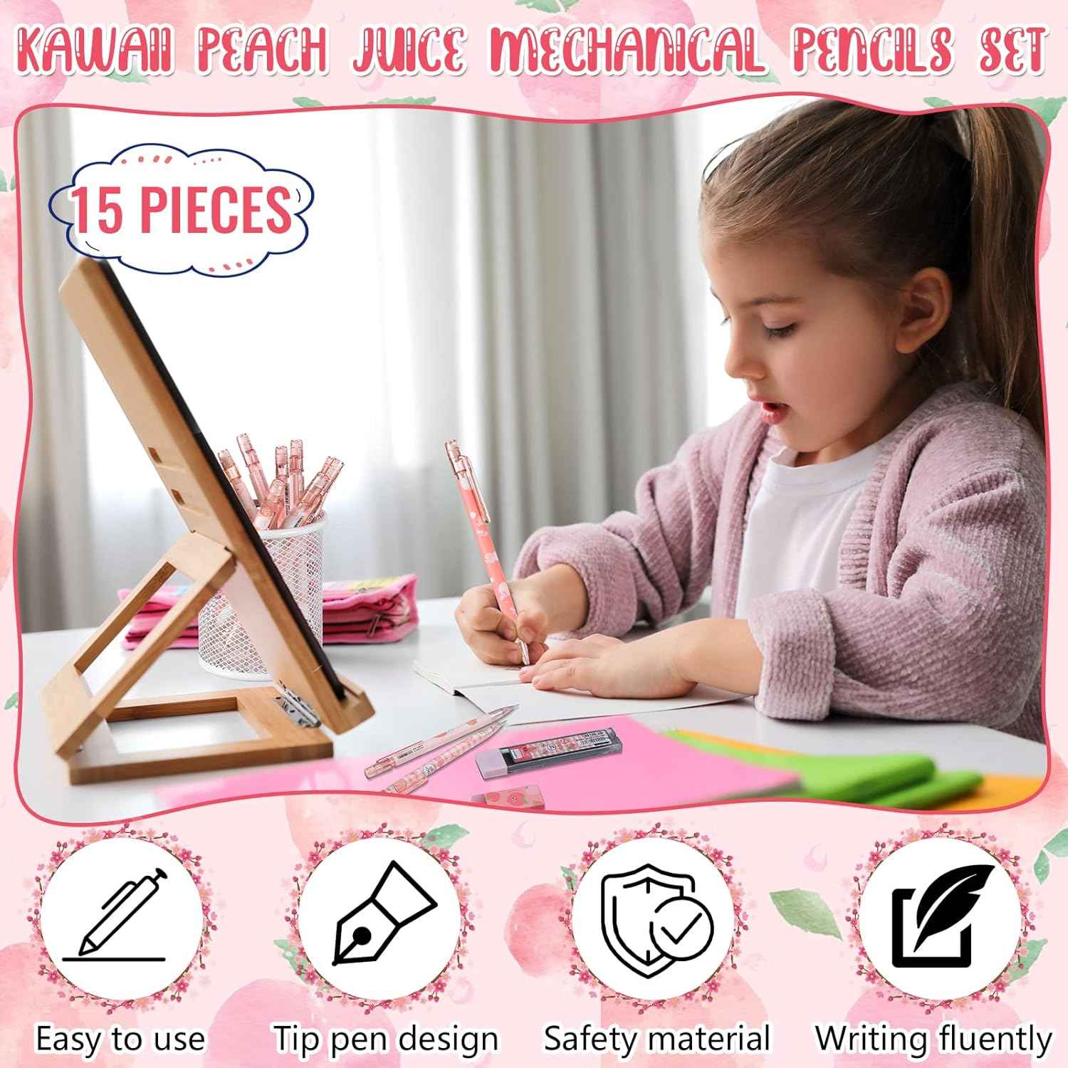 15pcs Peach Mechanical Pencils with 0.5mm Pencil Refills and Erasers - TTpen