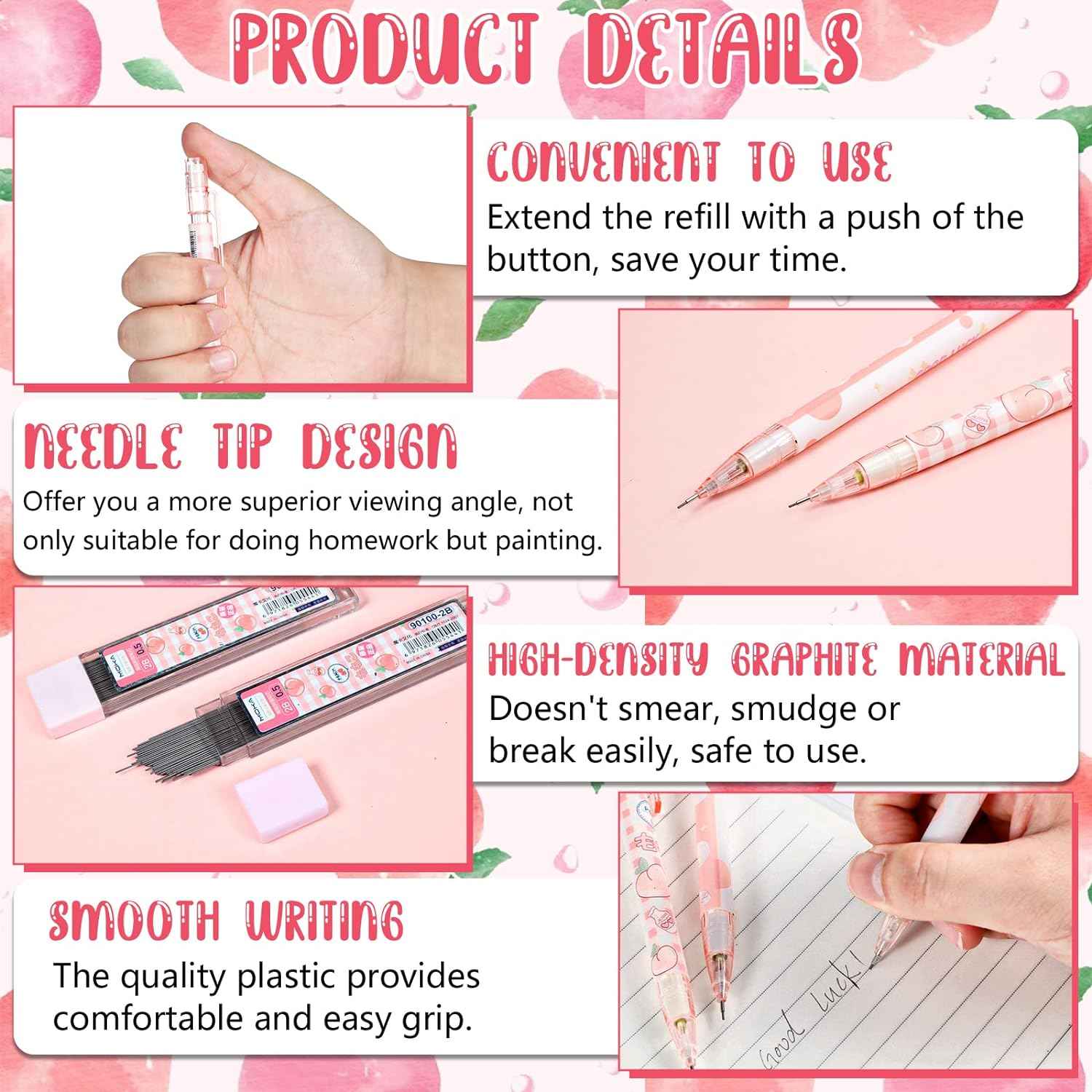 15pcs Peach Mechanical Pencils with 0.5mm Pencil Refills and Erasers - TTpen