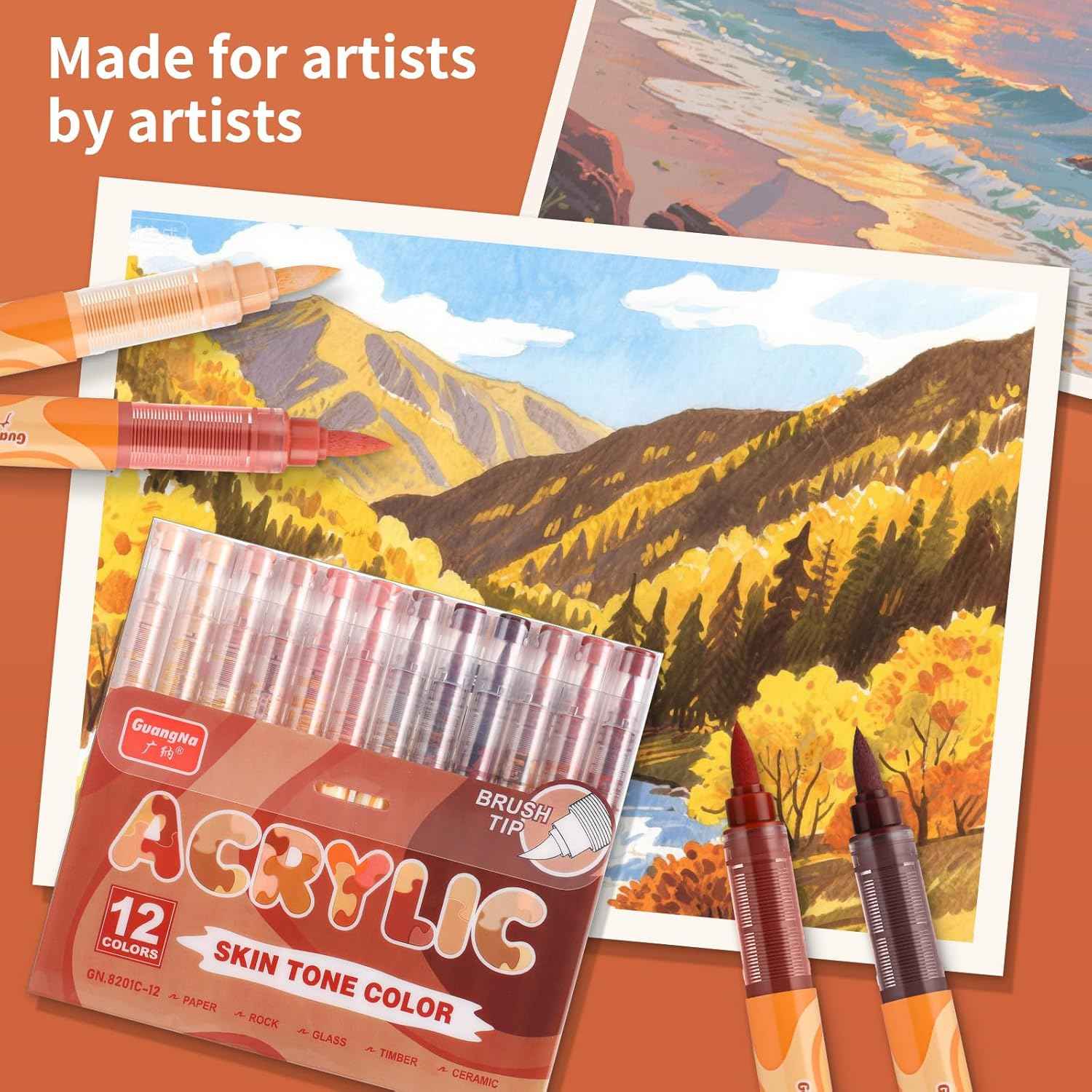 Guangna 8201 Acrylic Paint Markers 12 Skin Tone Colors Soft Brush Tip