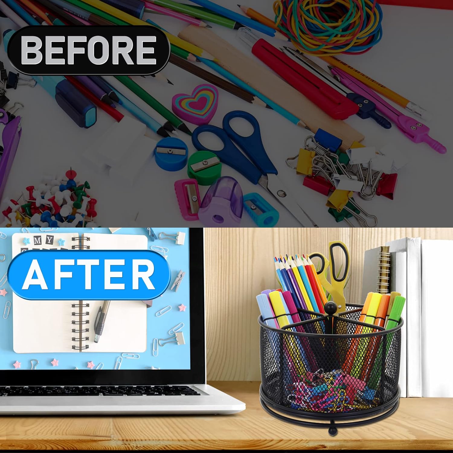 Mesh Rotating Desk Organizer Pen Pencil Holder 4 Compartments