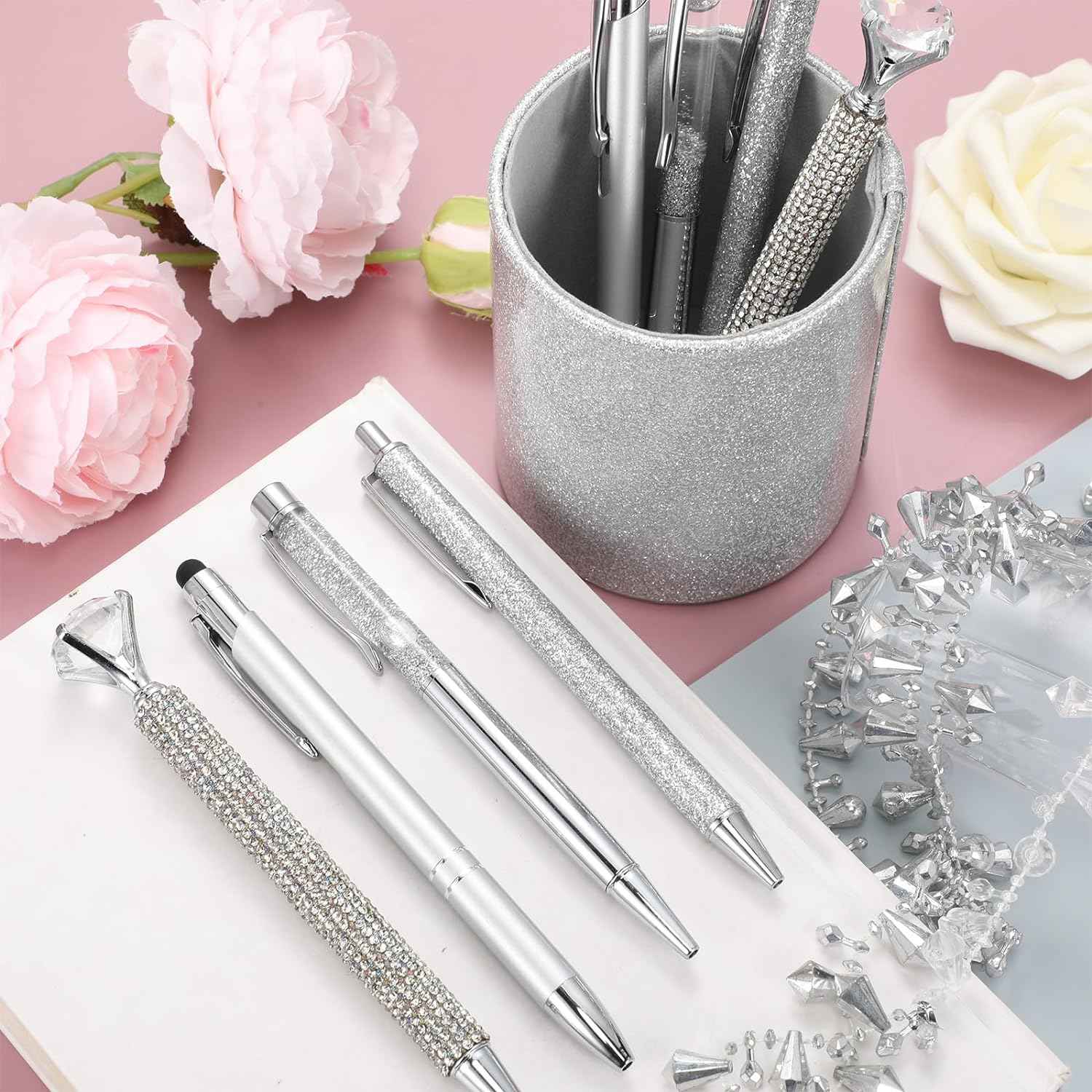 8Pcs Crystal Glitter Ballpoint Pens with Pen Holder for Desk Organizer - TTpen