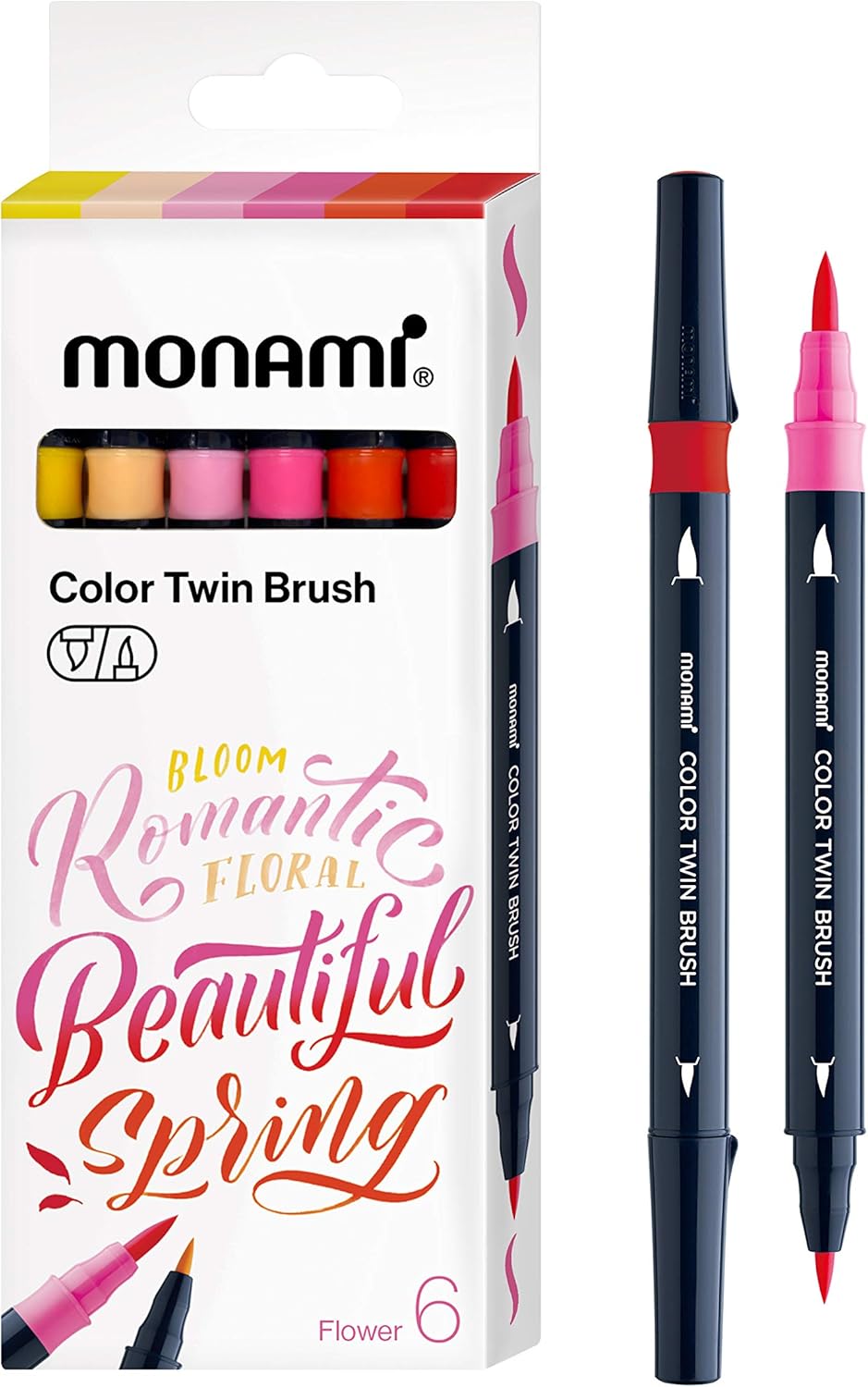 MONAMI Color Twin Brush Marker Pens,Flower Color  6-Pack