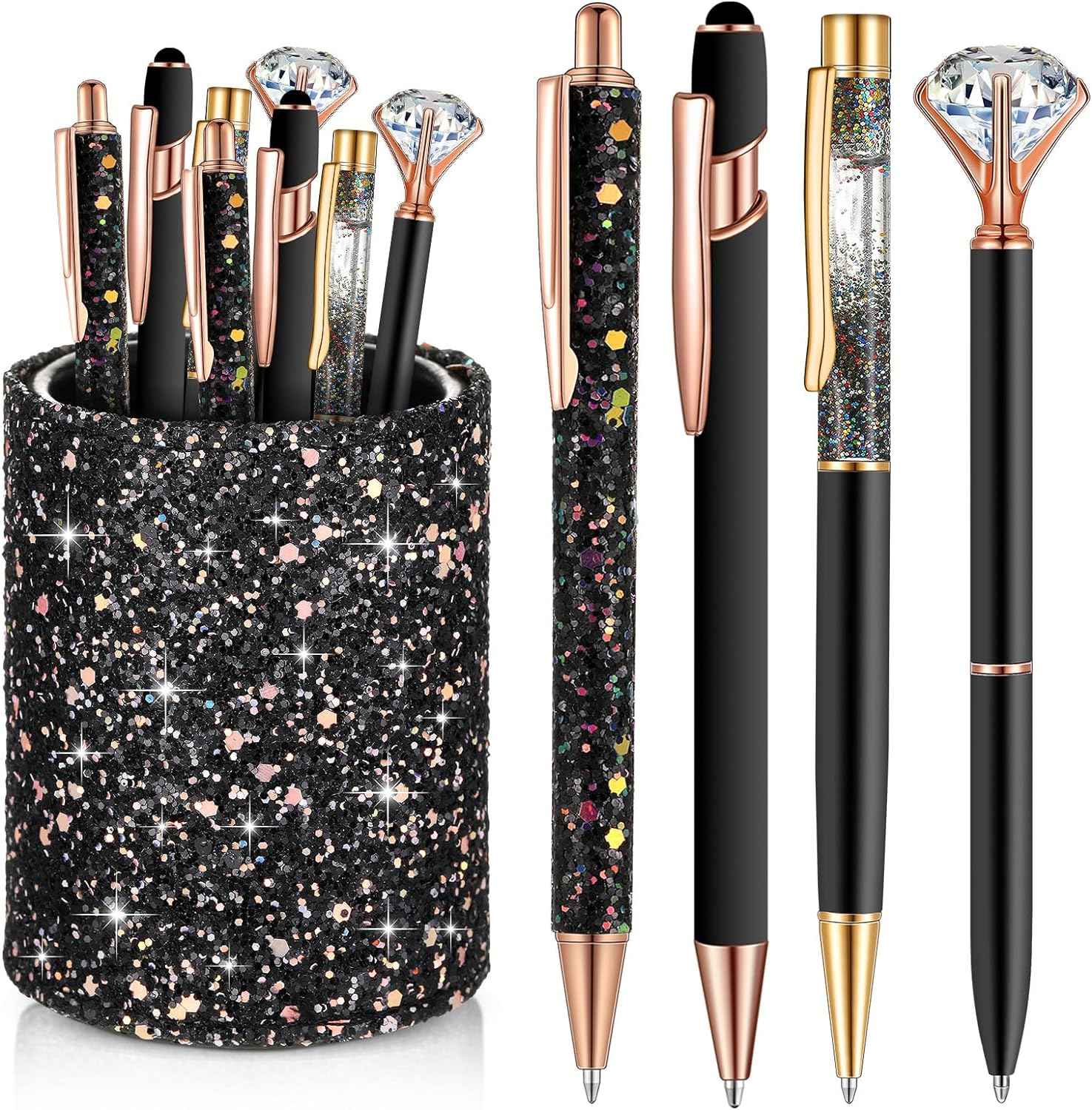 8Pcs Crystal Glitter Ballpoint Pens with Pen Holder for Desk Organizer - TTpen
