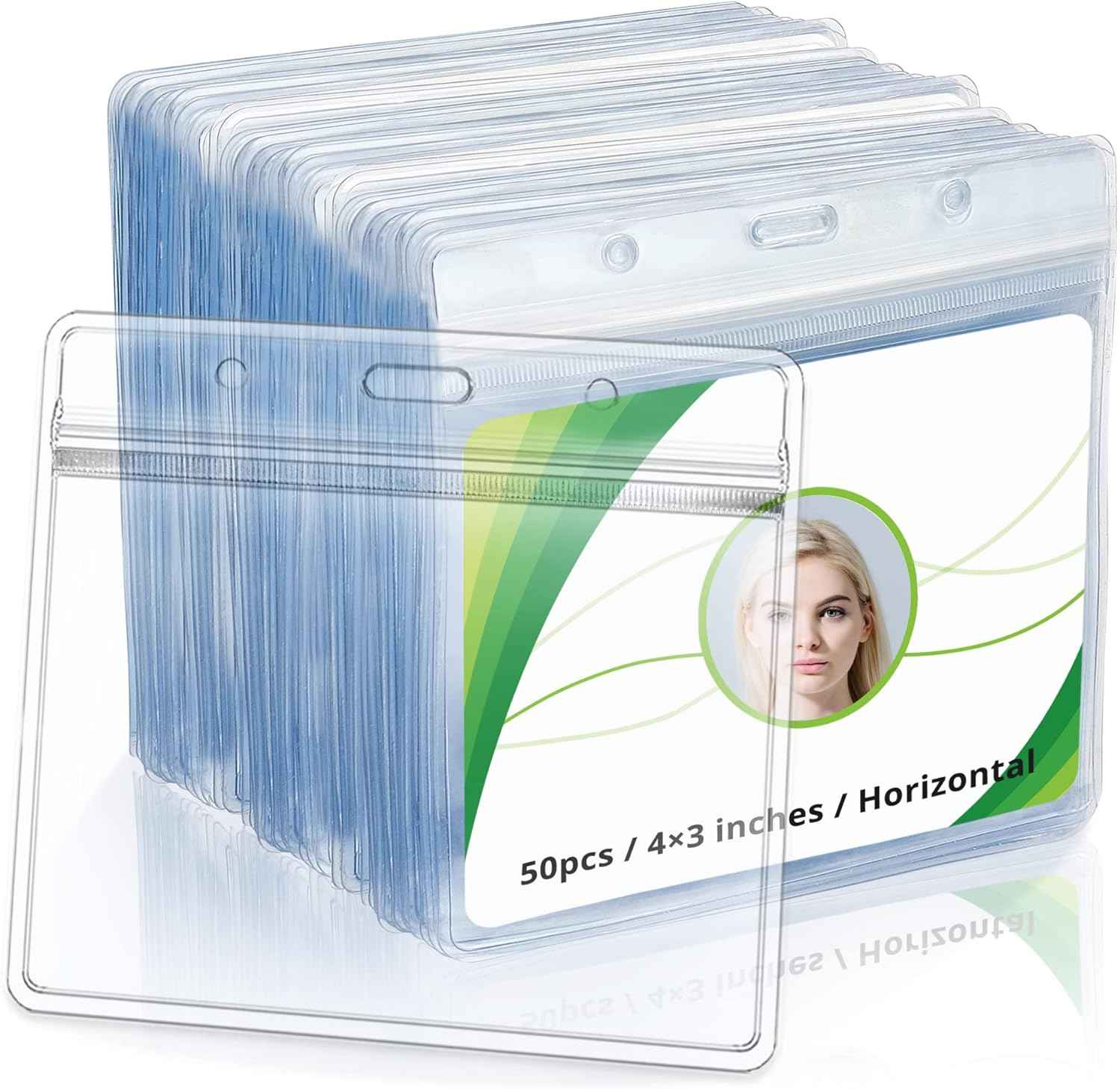 50Pcs Clear Plastic Horizontal Name ID Card Badge Holders,4x3 Inches - TTpen